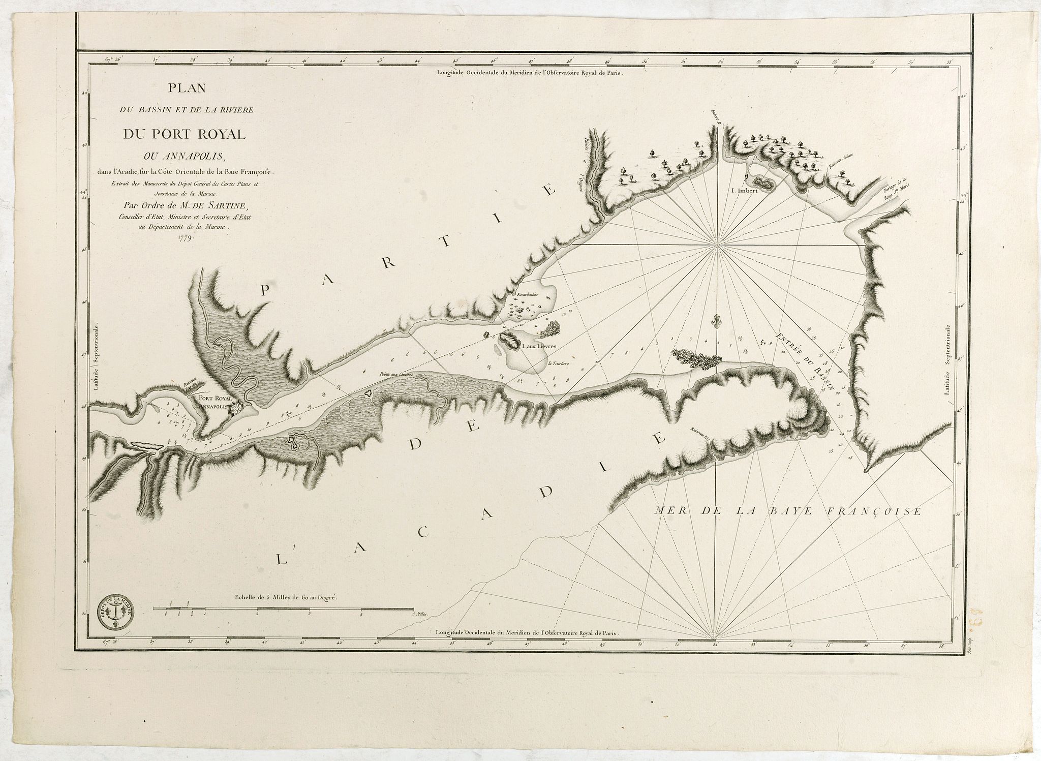 DEPOT GÉNÉRAL DE LA MARINE, Plan du Bassin et de la Riviere du Port Royal ou Annapolis, dans l'Acadie sur la Cote Orientale de la Baie Francois . . ., antique map, old maps