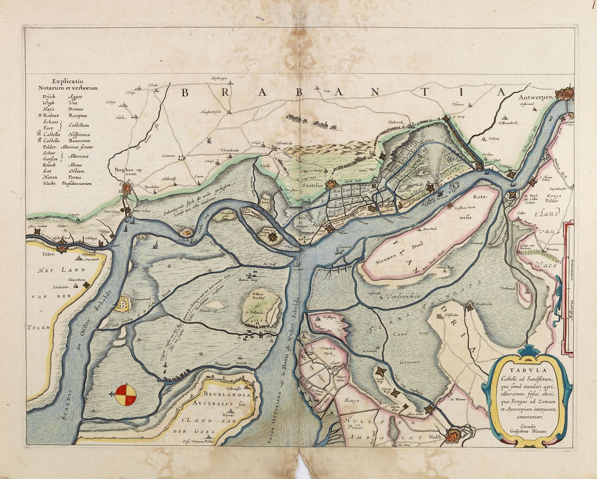 BLAEU, W., Tabula Castelli ad Sandflitam,..Bergas ad Zomam et Antverpi, antique map, old maps