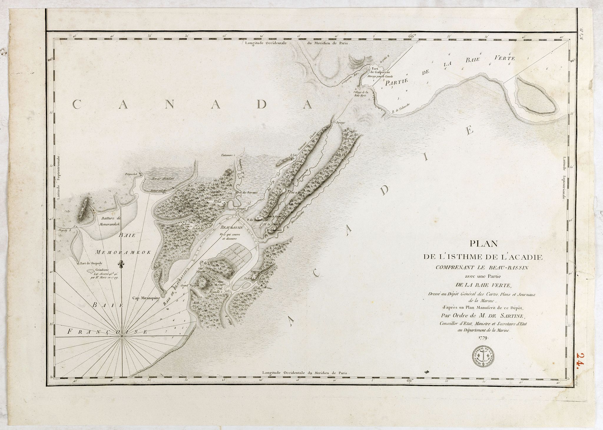 DEPOT GÉNÉRAL DE LA MARINE., Plan de l'isthme de l'Acadie comprenant le Beau-Bassin avec une partie de la Baie Verte…, antique map, old maps