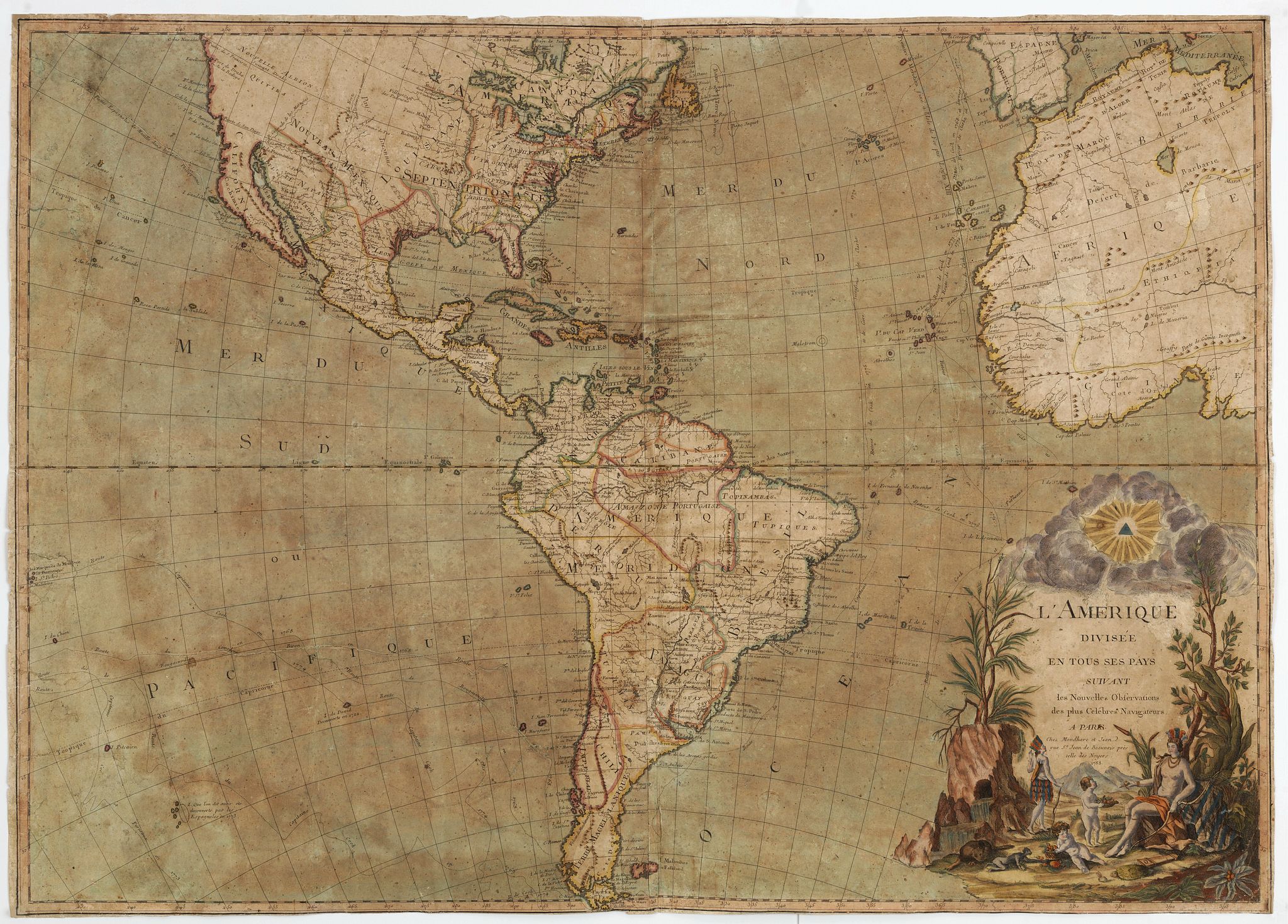 MONDHARE, L,J. / J., L' Amérique divisée en tous ses pays suivant, les nouvelles observations des plus celébres navigateurs. . . 1788, antique map, old maps