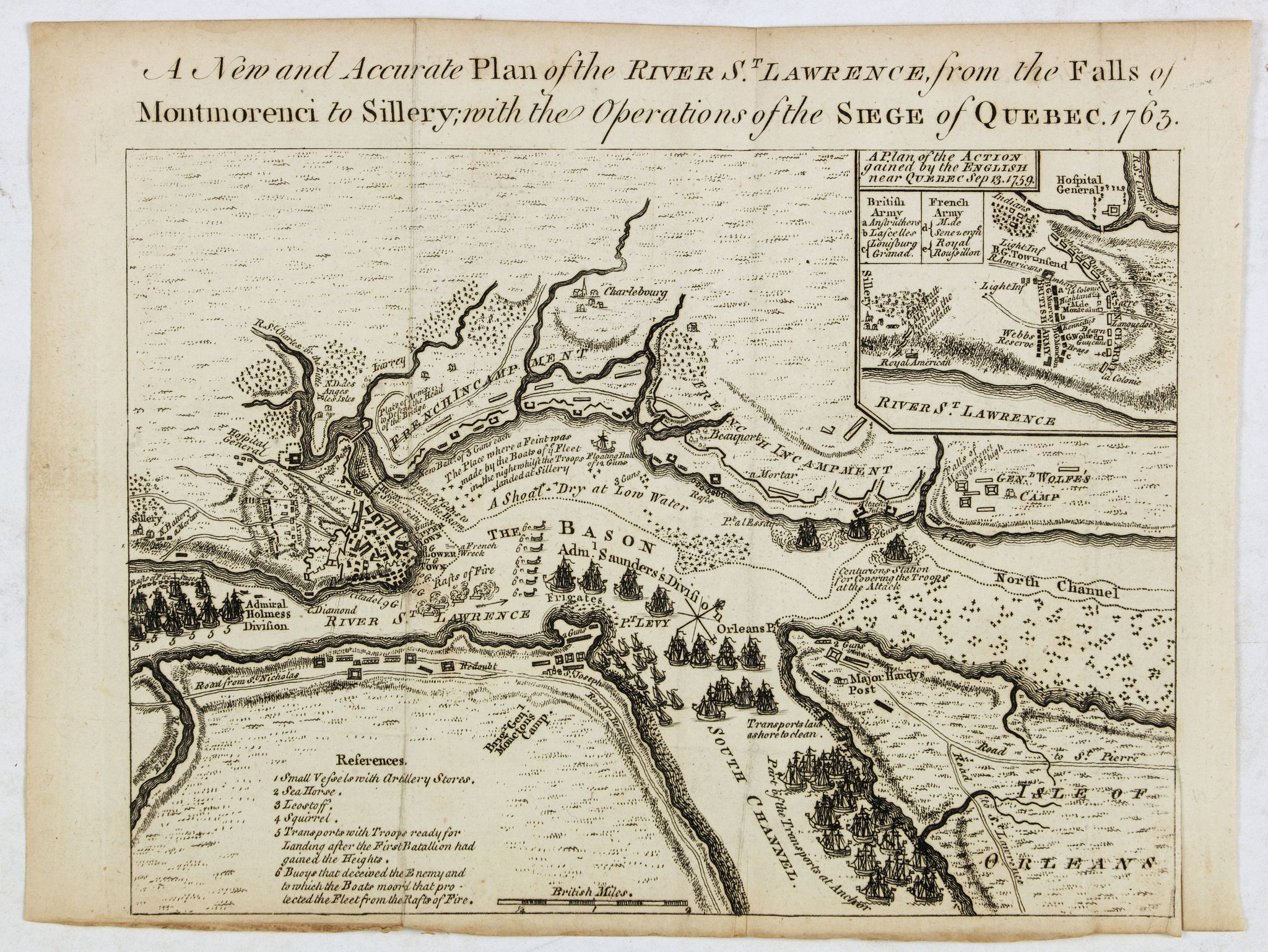 ENTICK, J., New and Accurate Plan of the River St. Lawrence, from the Falls of Montmorenci to Sillery, with the Operations of the Siege of Quebec 1763, antique map, old maps
