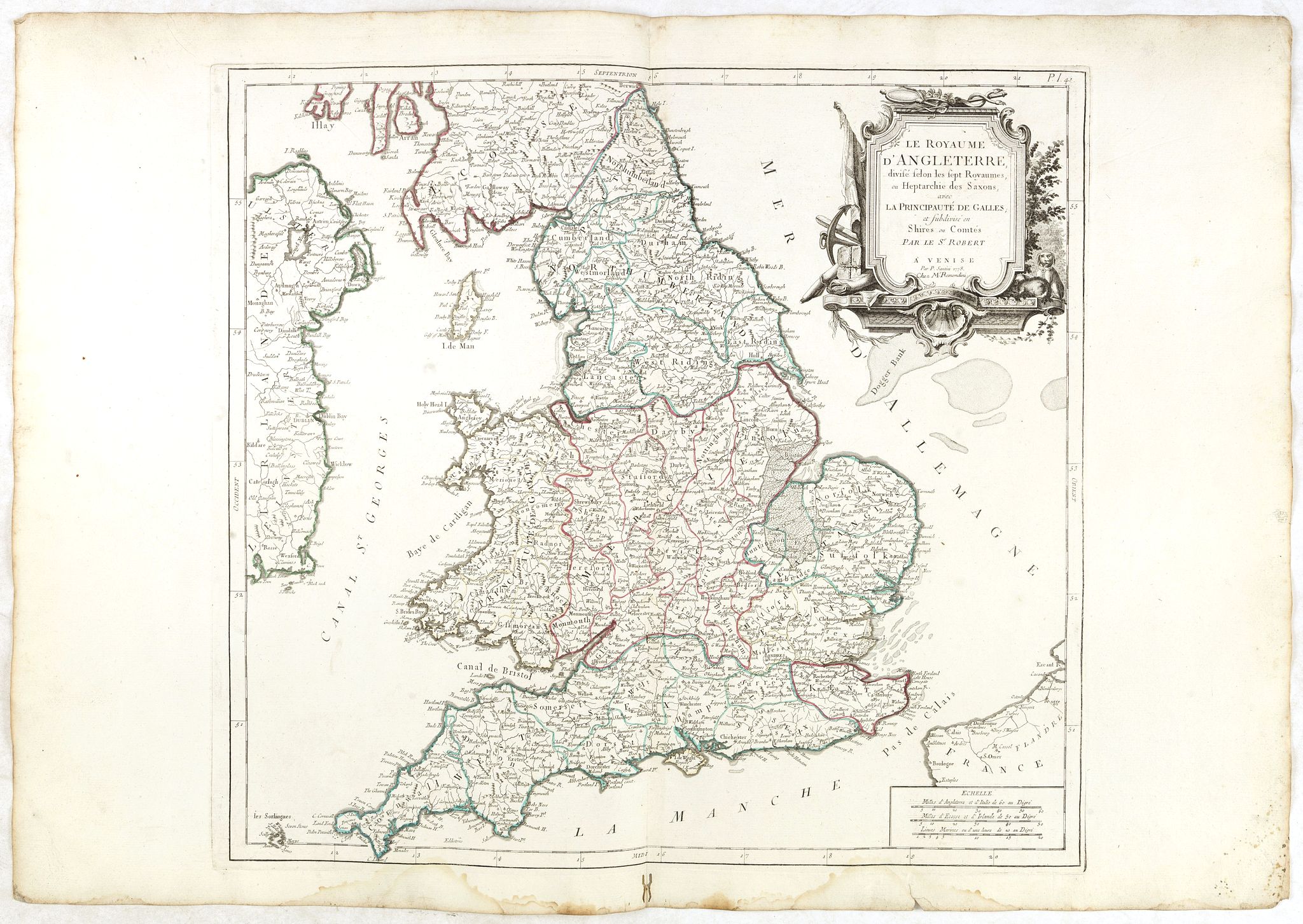 SANTINI, P. / REMONDINI, M., Le royaume d'Angleterre..subdivisé en Shires ou Comtés., antique map, old maps