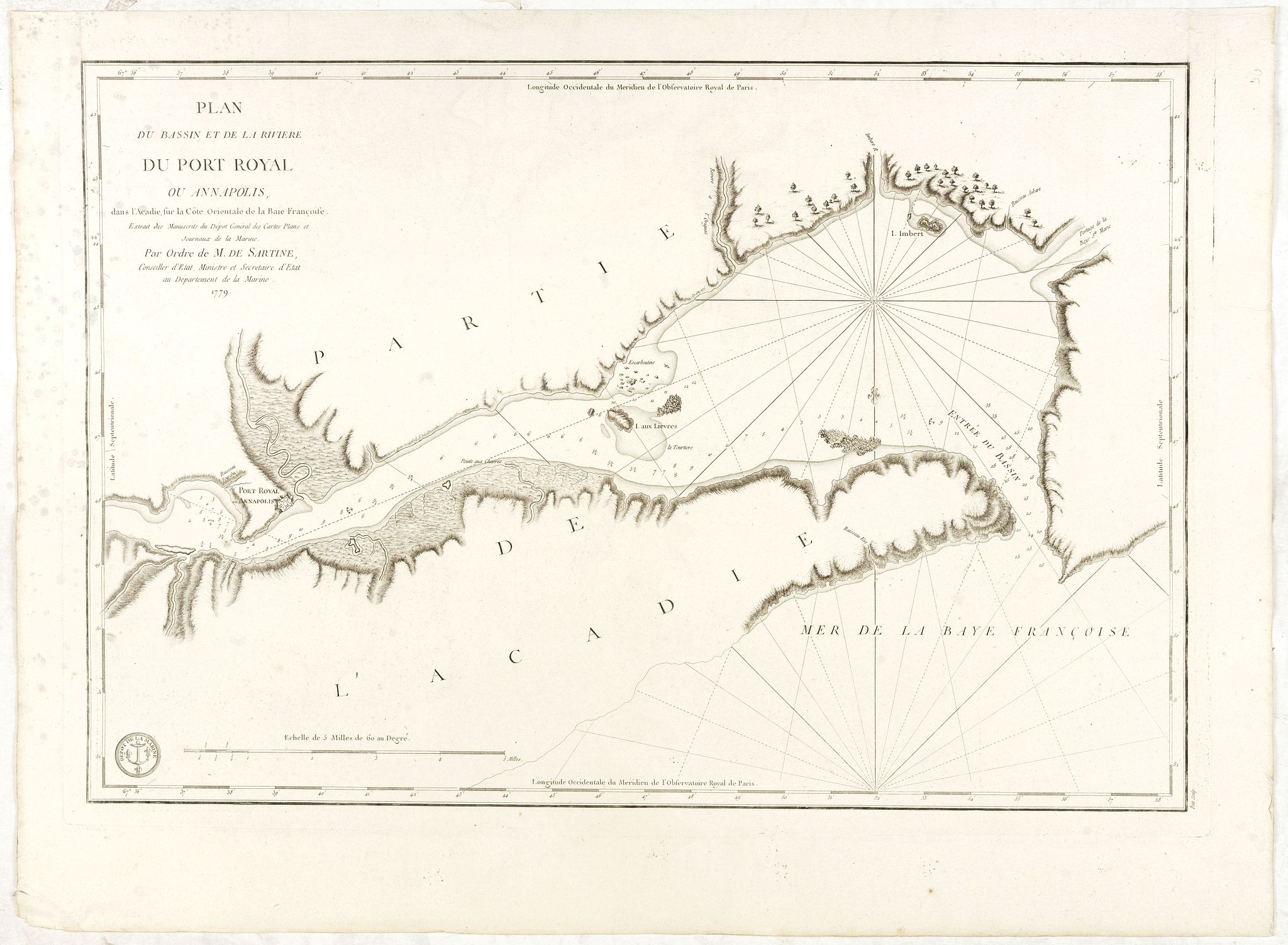 DÉPÔT GÉNÉRAL DE LA MARINE / DE SARTINE,A., Plan du Bassin et de la Riviere du Port Royal ou Annapolis, dans l'Acadie sur la Cote Orientale de la Baie Francois . . ., antique map, old maps