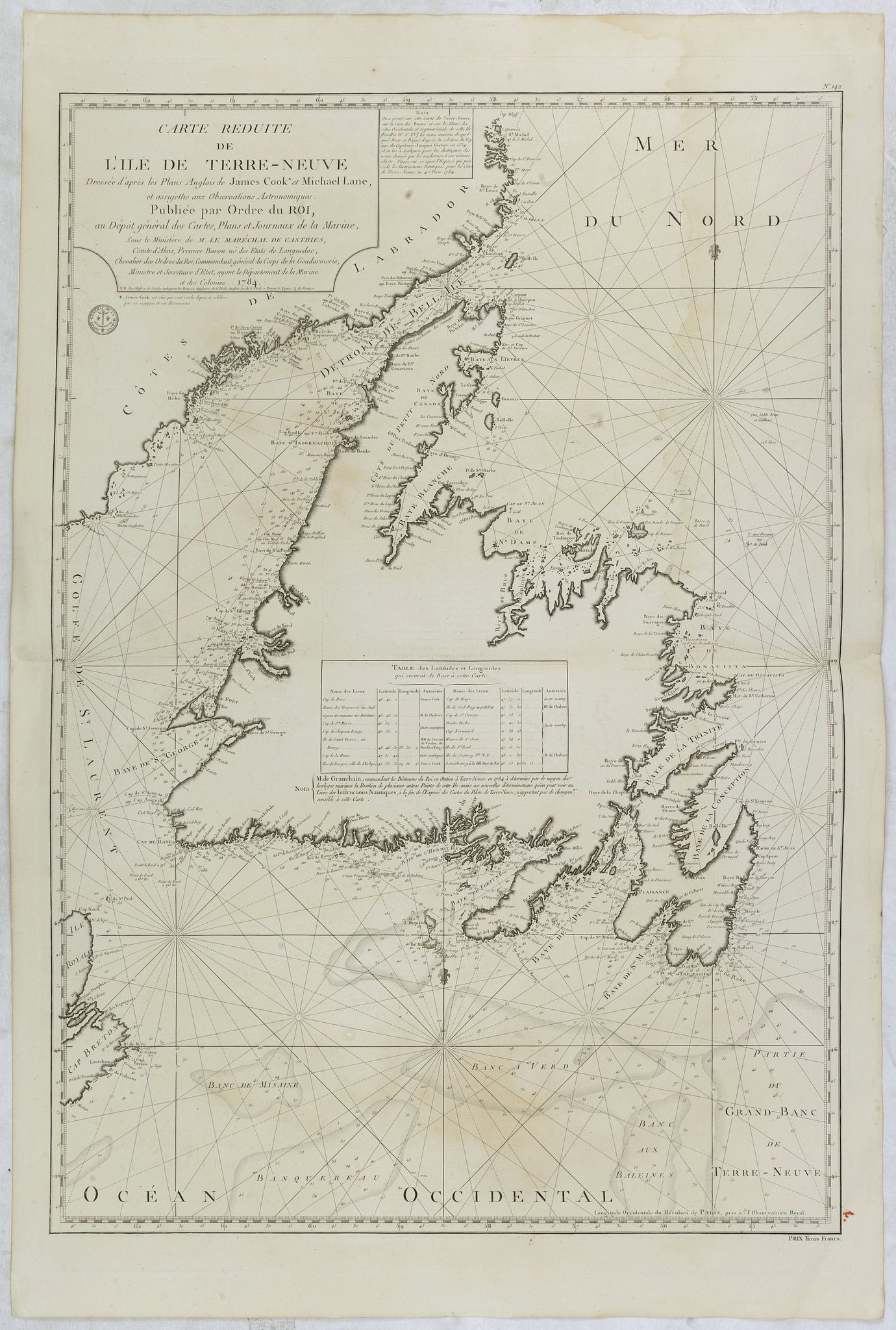 DÉPÔT GÉNÉRAL DE LA MARINE / COOK, J. / LANE, M., Carte Reduite de l'Ile de Terre-Neuve . . ., antique map, old maps