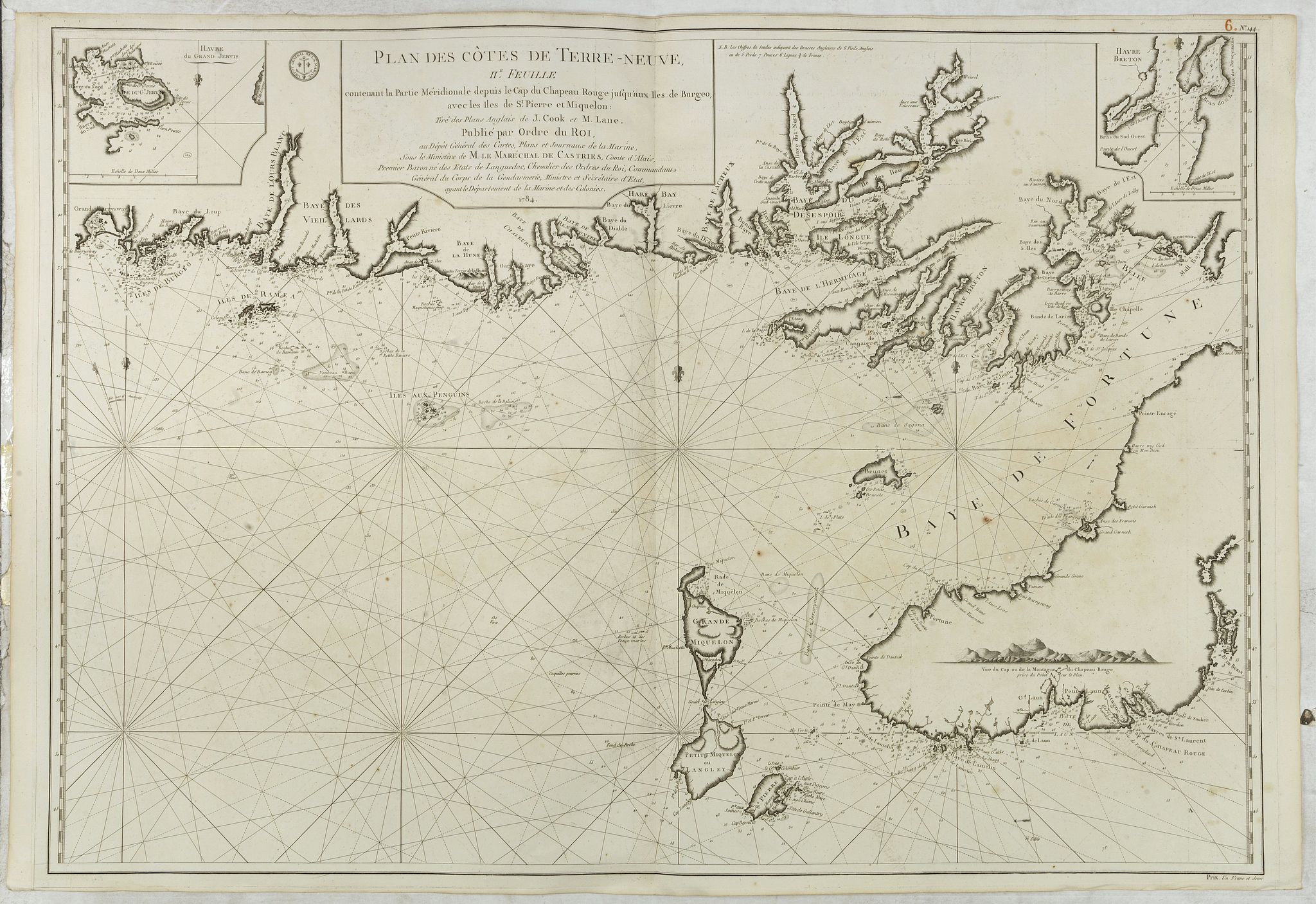 DÉPÔT GÉNÉRAL DE LA MARINE / COOK, J. / LANE, M., Plan des Côtes de Terre-Neuve, II ème Feuille.., antique map, old maps