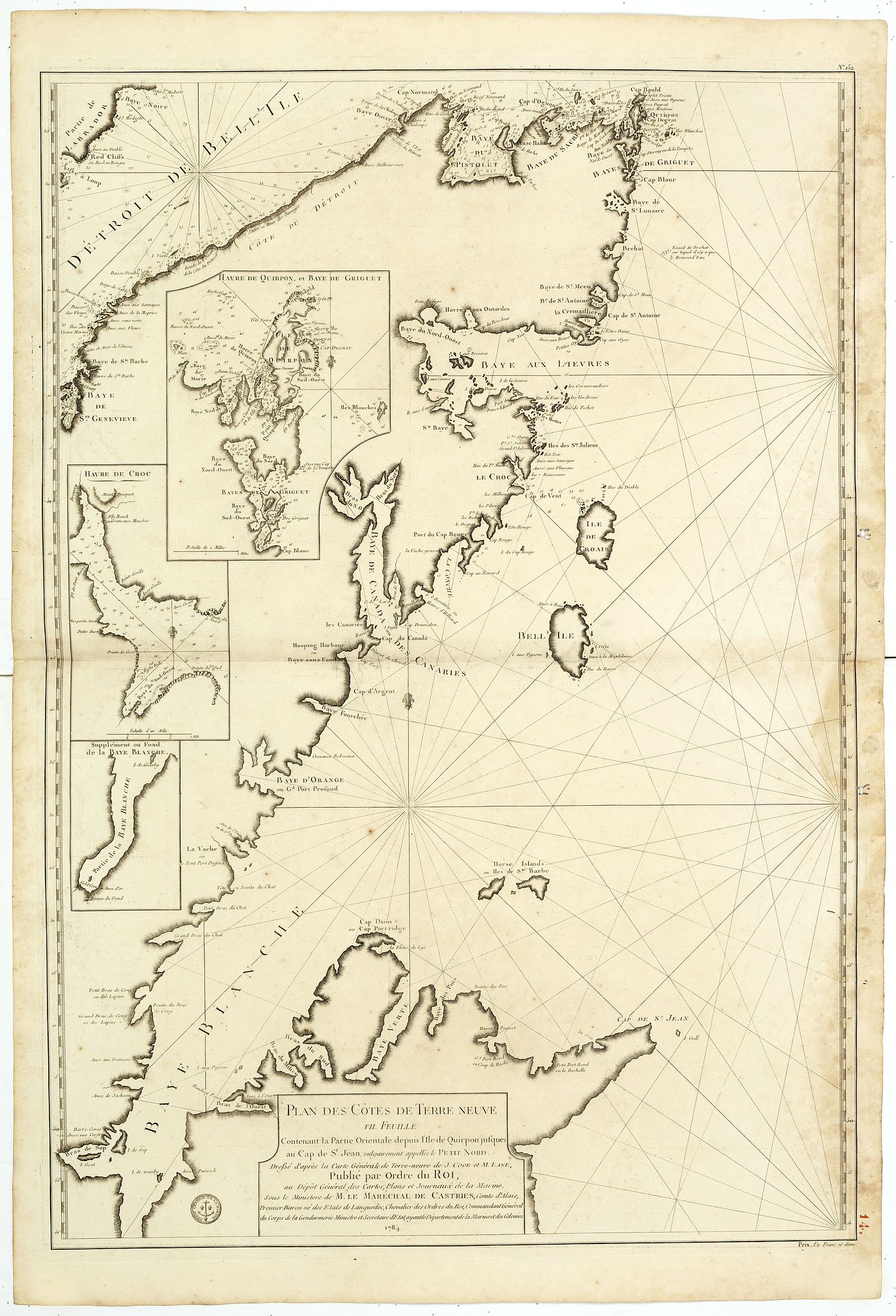 DÉPÔT GÉNÉRAL DE LA MARINE / COOK, J. / LANE, M., Plan des Côtes de Terre-Neuve, VII ème Feuille.., antique map, old maps