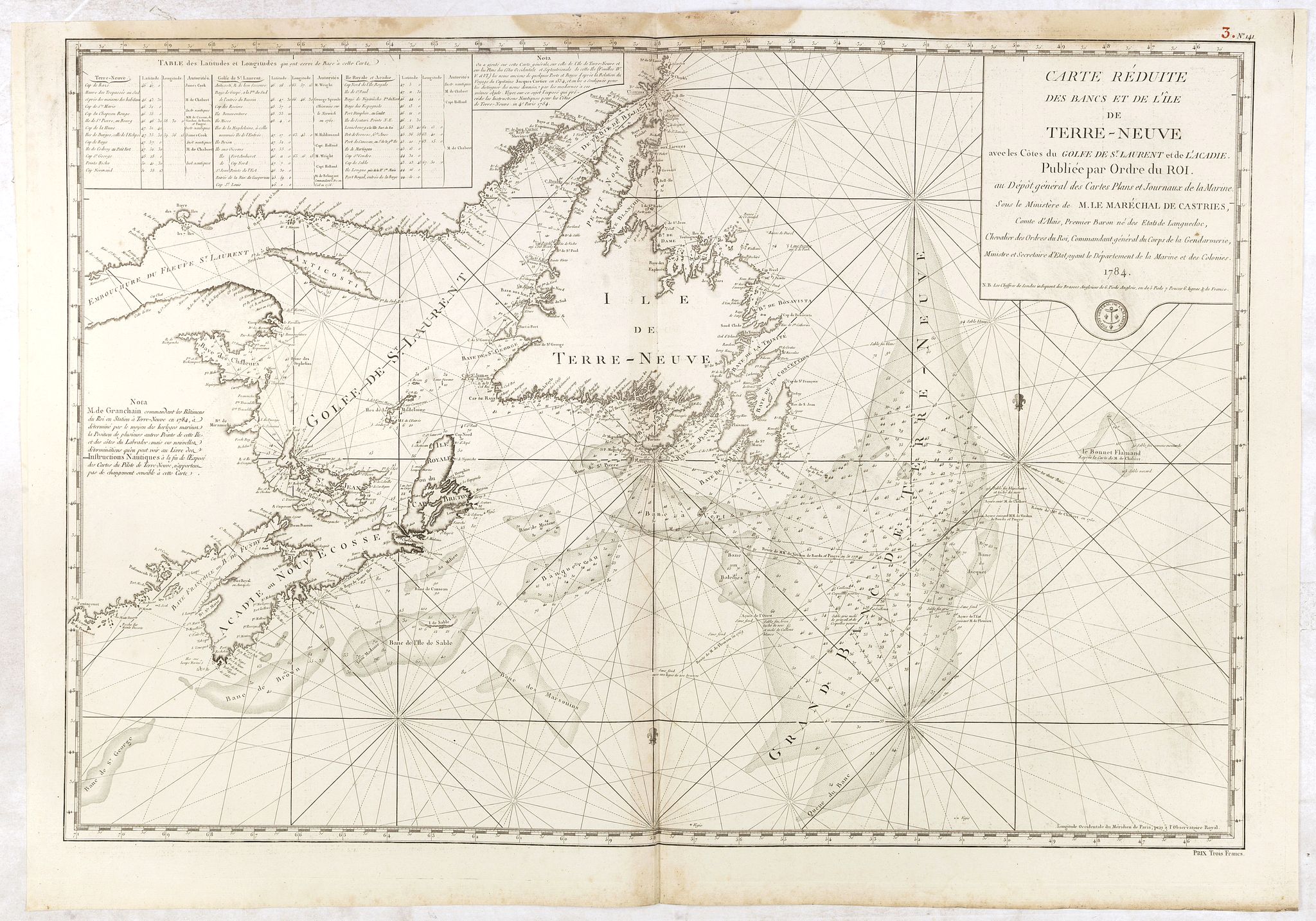DÉPÔT GÉNÉRAL DE LA MARINE / COOK, J. / LANE, M., Carte réduite des Bancs et de l'Ile de Terre-Neuve.., antique map, old maps