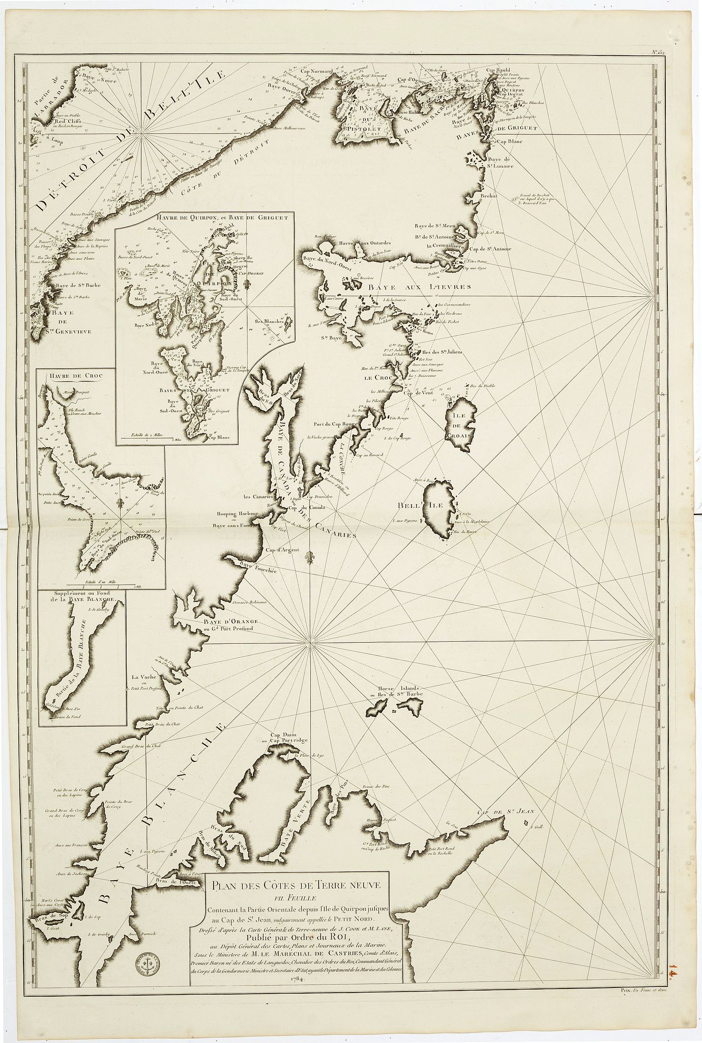 DÉPÔT GÉNÉRAL DE LA MARINE / COOK, J. / LANE, M., Plan des Côtes de Terre-Neuve, VII ème Feuille.., antique map, old maps
