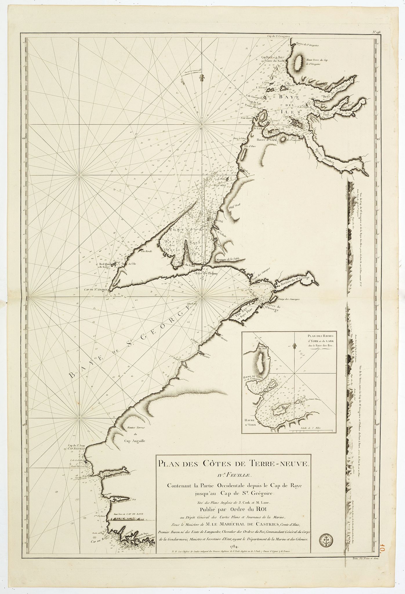 DÉPÔT GÉNÉRAL DE LA MARINE / COOK, J. / LANE, M., Plan des Côtes de Terre-Neuve, IV ème Feuille.., antique map, old maps