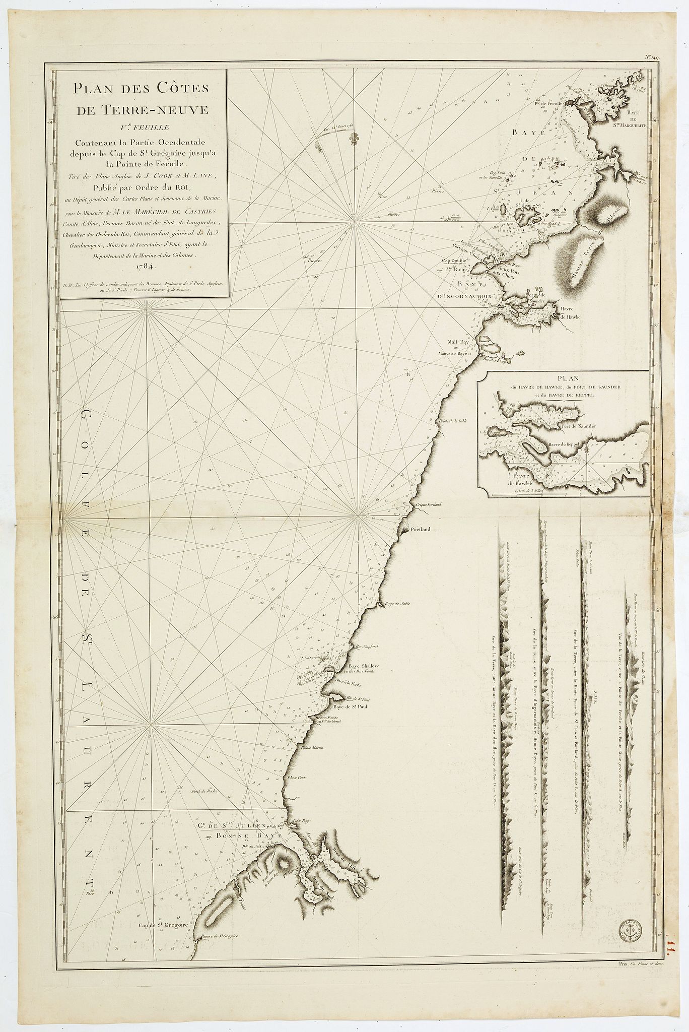 DÉPÔT GÉNÉRAL DE LA MARINE / COOK, J. / LANE, M., Plan des Côtes de Terre-Neuve, V ème Feuille.., antique map, old maps