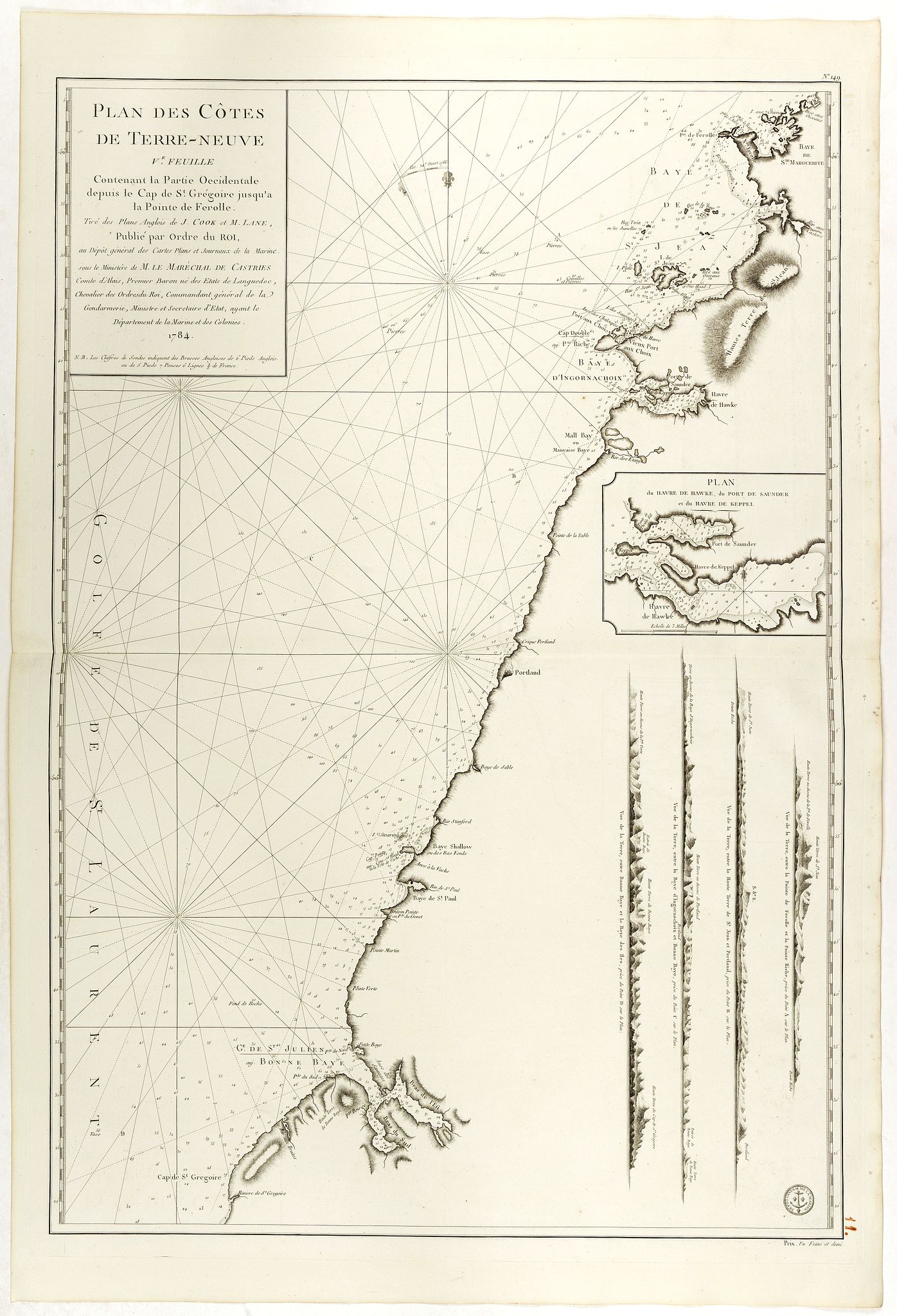 DÉPÔT GÉNÉRAL DE LA MARINE / COOK, J. / LANE, M., Plan des Côtes de Terre-Neuve, V ème Feuille.., antique map, old maps