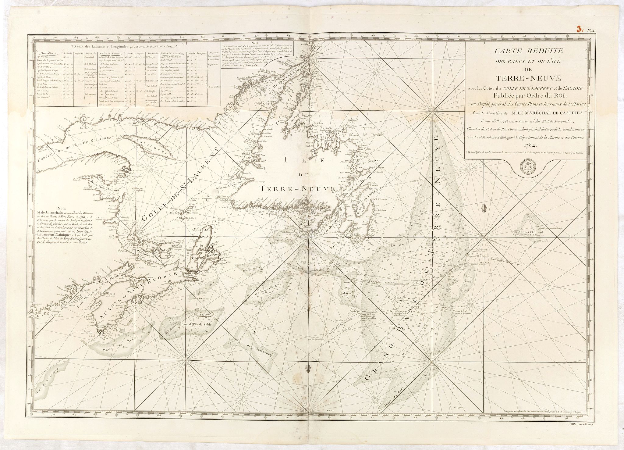DÉPÔT GÉNÉRAL DE LA MARINE / COOK, J. / LANE, M., Carte réduite des Bancs et de l'Ile de Terre-Neuve.., antique map, old maps