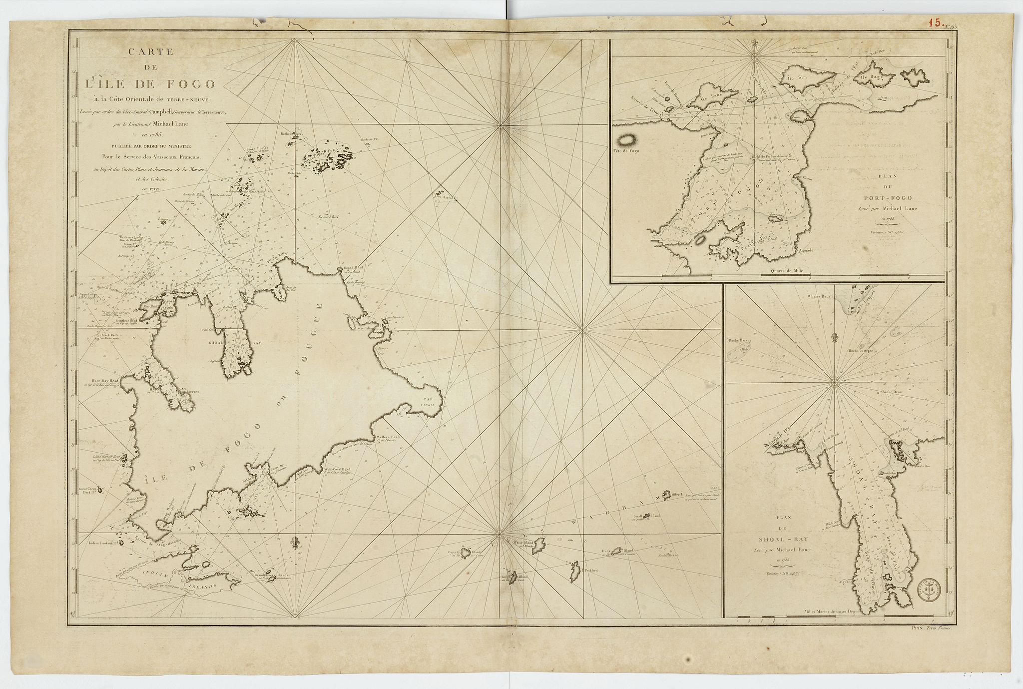 DÉPÔT GÉNÉRAL DE LA MARINE / COOK, J. / LANE, M., Carte de L' ile de Fogo à la Cote Orientale de Terre-Neuve. . ., antique map, old maps