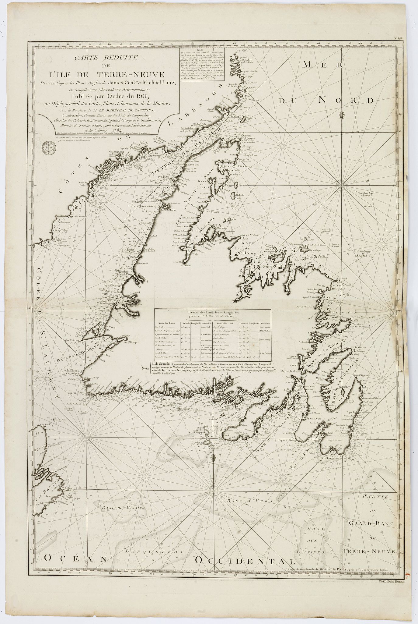 DÉPÔT GÉNÉRAL DE LA MARINE / COOK, J. / LANE, M., Carte réduite de l'Ile de Terre-Neuve.., antique map, old maps