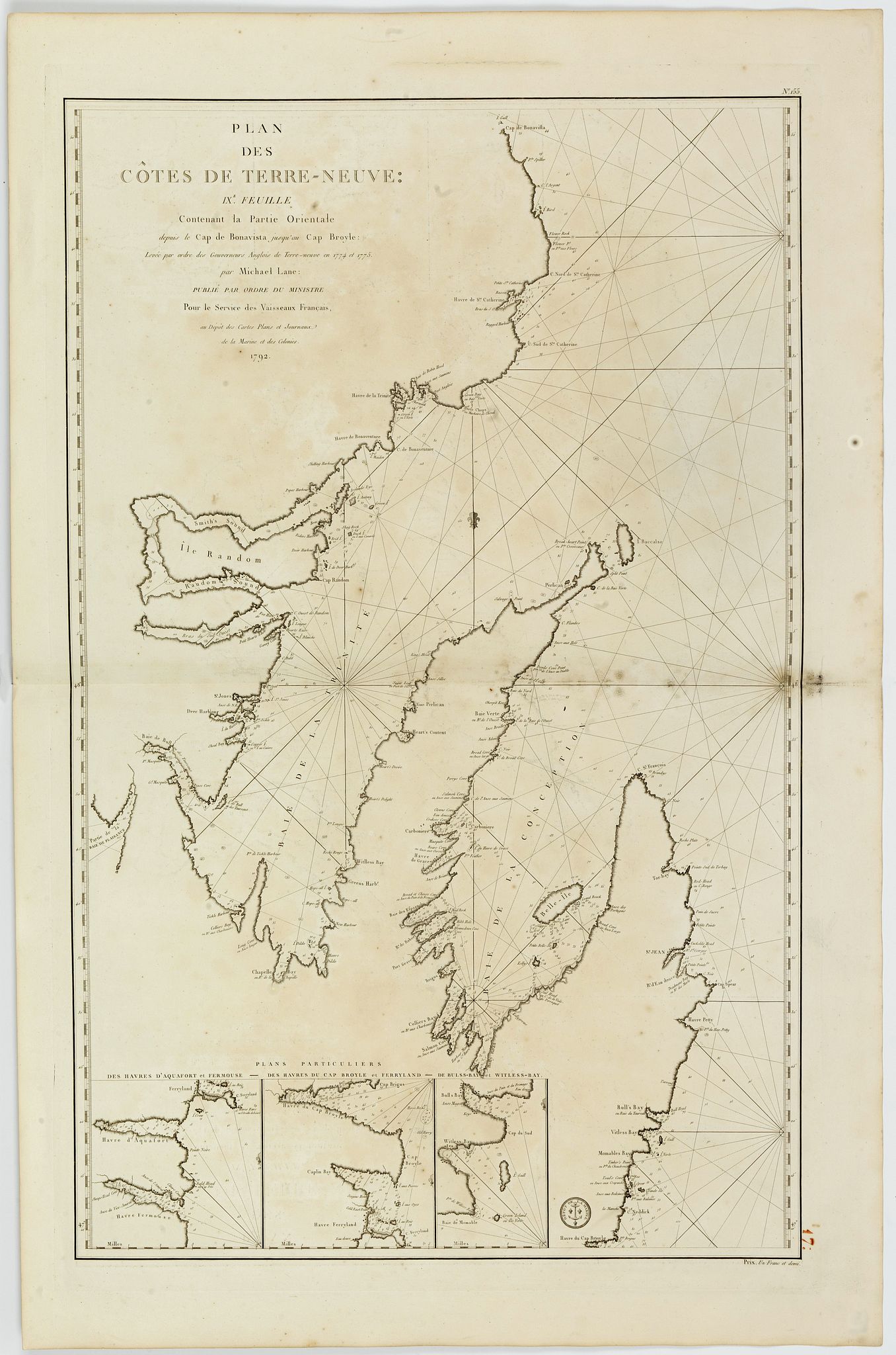 DÉPÔT GÉNÉRAL DE LA MARINE / COOK, J. / LANE, M., Plan des Côtes de Terre-Neuve: IXe Feuille.., antique map, old maps