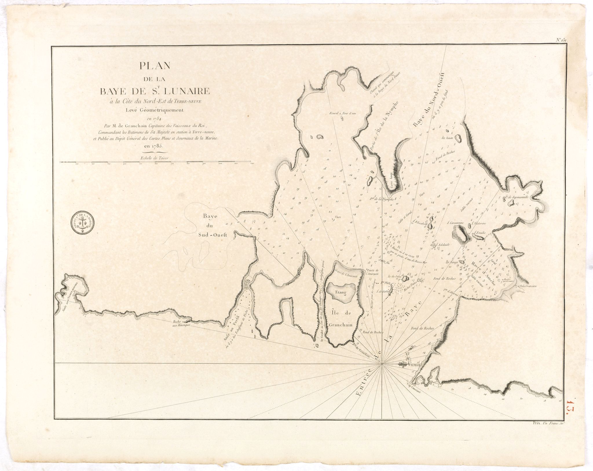 DÉPÔT GÉNÉRAL DE LA MARINE, Plan de la Baye de St. Lunaire a la Cote du Nord-Est de Terre-Neuve Leve Geometriquement en 1784 . . ., antique map, old maps