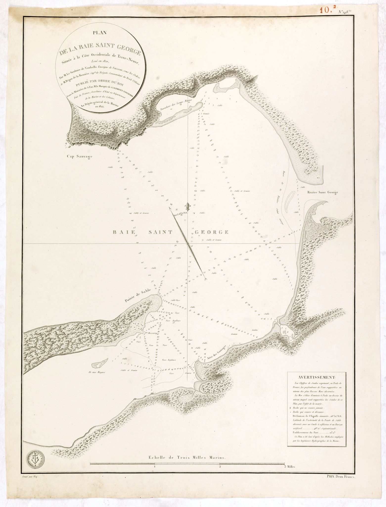 DÉPÔT GÉNÉRAL DE LA MARINE / COOK, J. / LANE, M., Plan de la Baie Saint George Situe a la CoteOccidental de Terre-Neuve, Leve en 1820. . ., antique map, old maps