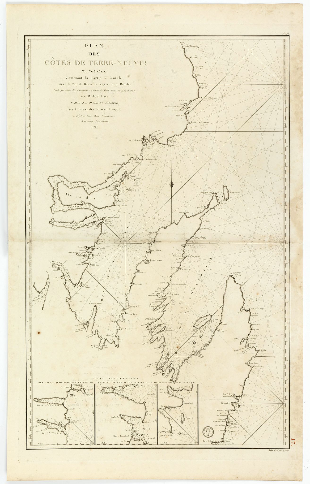 DÉPÔT GÉNÉRAL DE LA MARINE / COOK, J. / LANE, M., Plan des Côtes de Terre-Neuve: IXe Feuille.., antique map, old maps