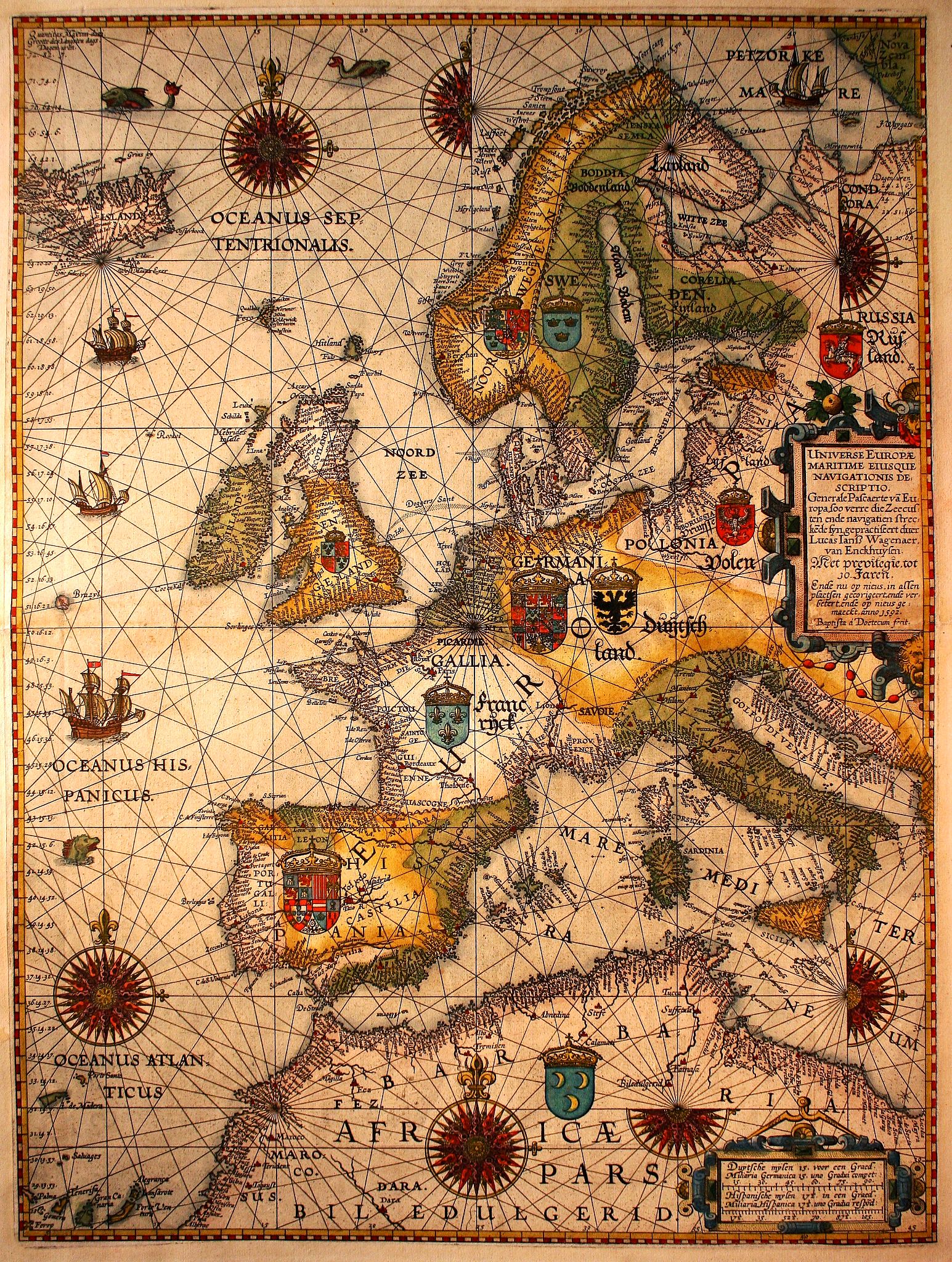 WAGHENAER, L.J., Universe Europae Maritime Eiusque Navigationis Descriptio. Generale Pascaerte van Europa . . ., antique map, old maps