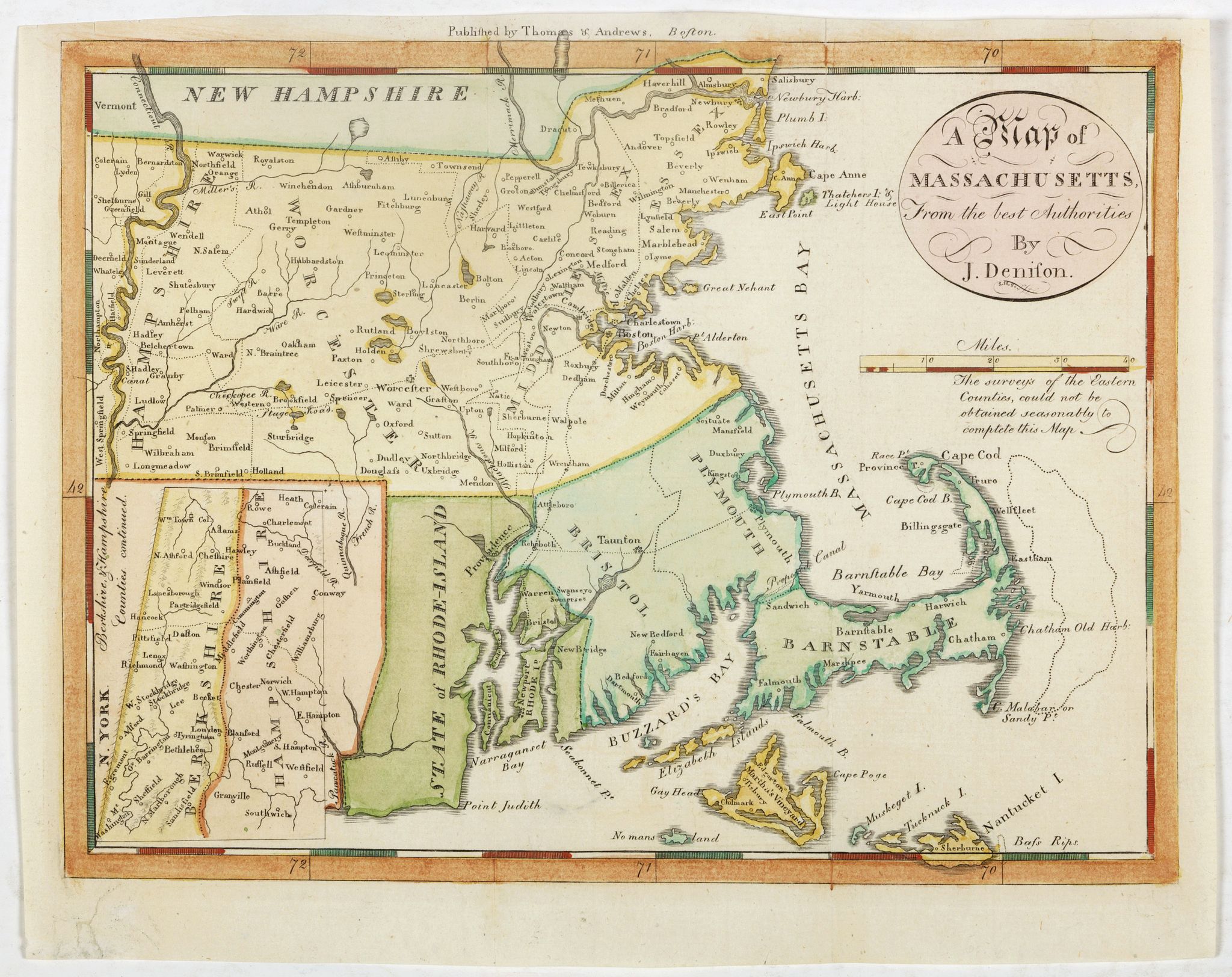 DENISON, J., A map of Massachusetts from the best Authorities by J.Denison., antique map, old maps