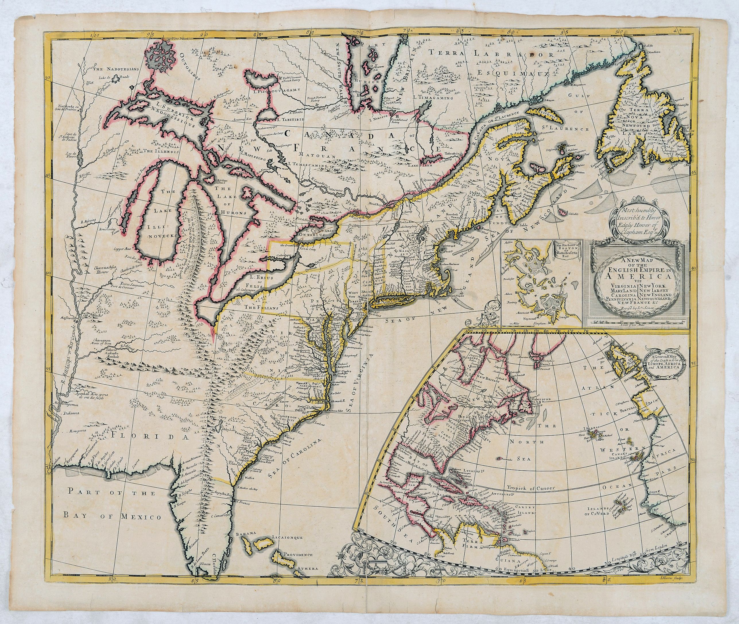SENEX, J., A new map of the English Empire in America. . ., antique map, old maps