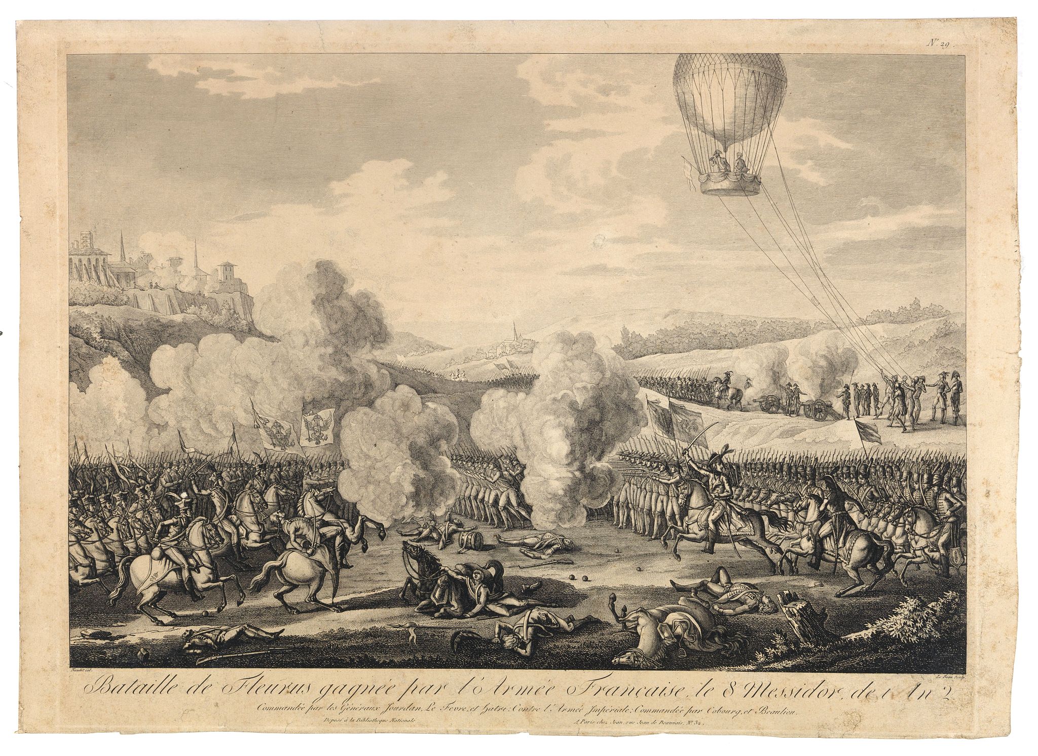 NAUDET, Thomas-Charles., Bataille de Fleurus gagnée par l'arme´e française le 8 messidor de l'an 2 : commandée par les géneéraux Jourdan, Le Fevre, et Hatri : contre l'armée impériale commandée par Cobourg et Beaulieu. (N° 29)., antique map, old maps