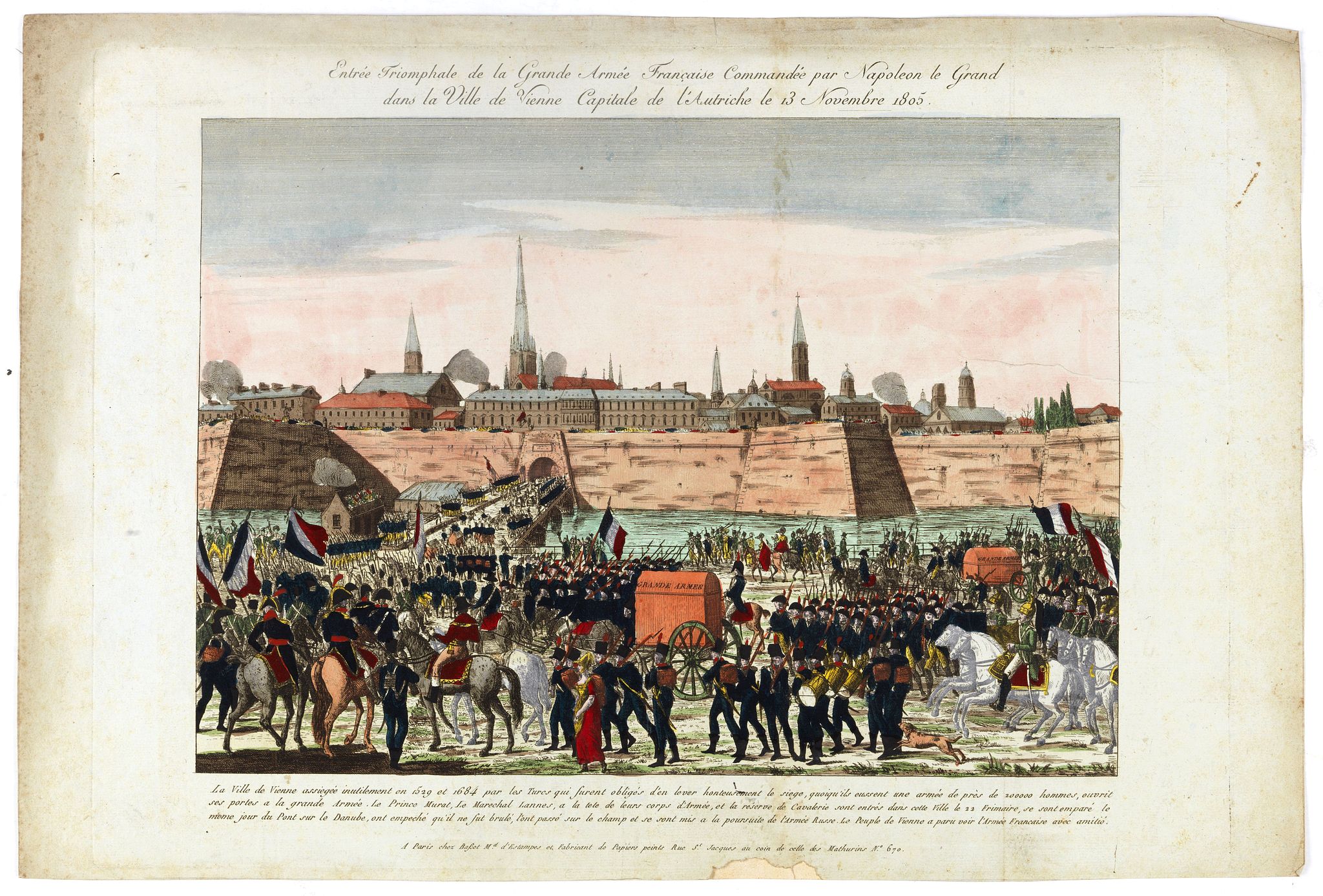 BASSET, Entrée triomphale de la grande armée française commandée par Napoléon-le-Grand dans la ville de Vienne, capitale de l'Autriche le 13 novembre 1805., antique map, old maps