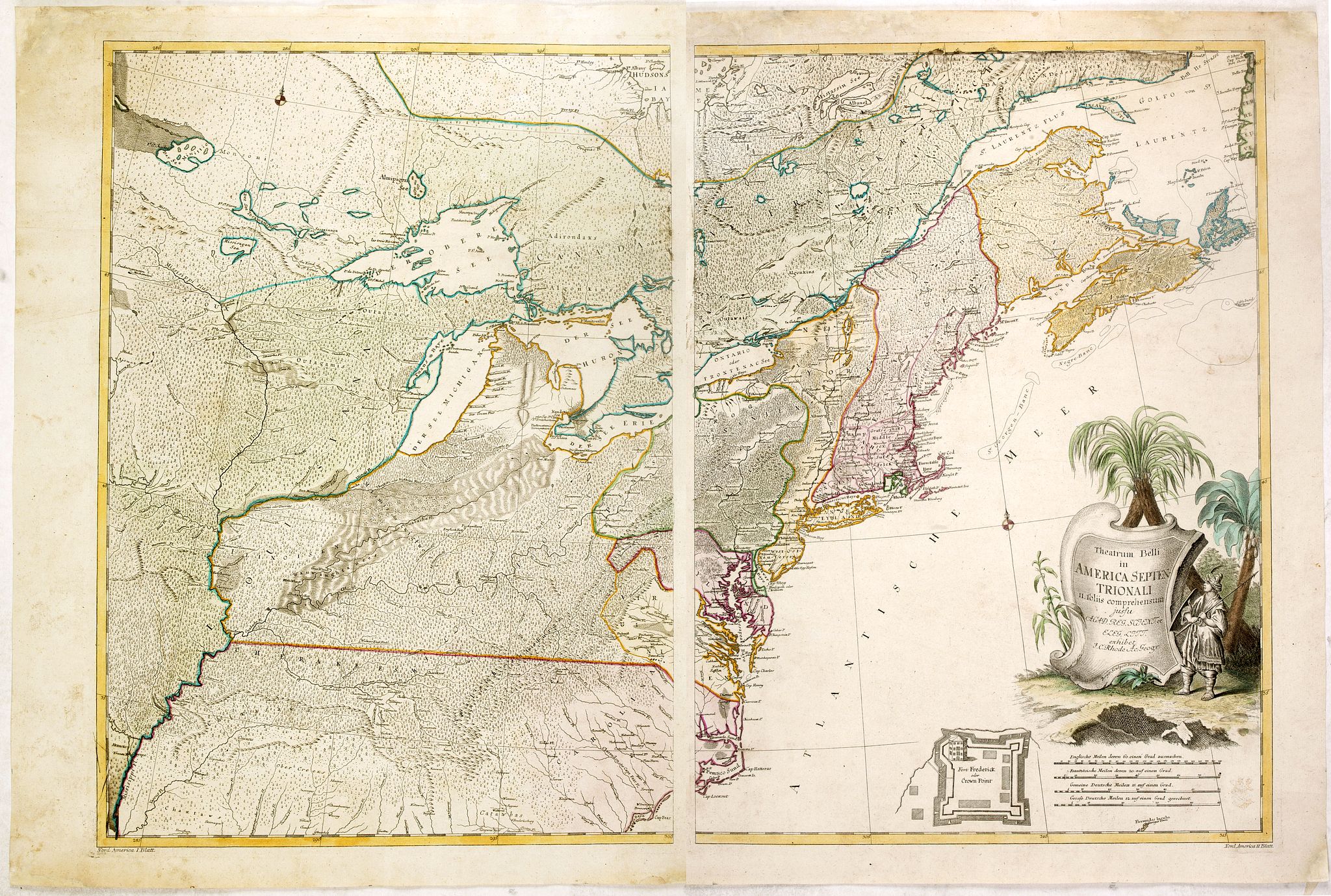 RHODE, I.C., Theatrum belli in America Septentrionali. II. foliis comprehensum jussu Acad. Reg. Scient. et Eleg. Litt. exhibet I. C. Rhode Ac: Geogr., antique map, old maps