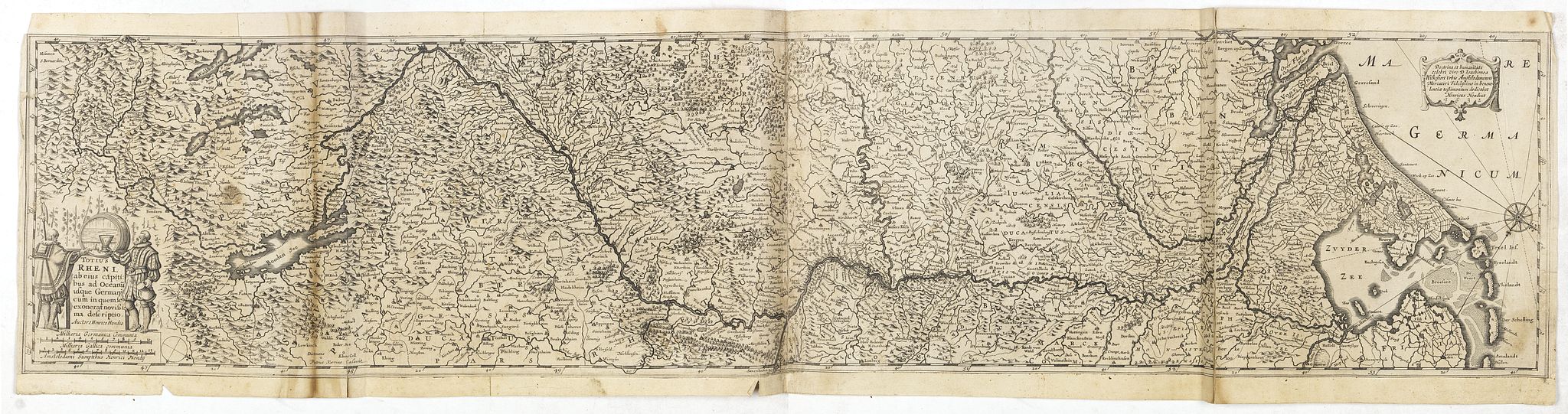 HONDIUS, H., Totius Rheni, ab eius Capitibus ad Oceanu usque Germanicum in quem se Exonerat Novissima Descriptio., antique map, old maps