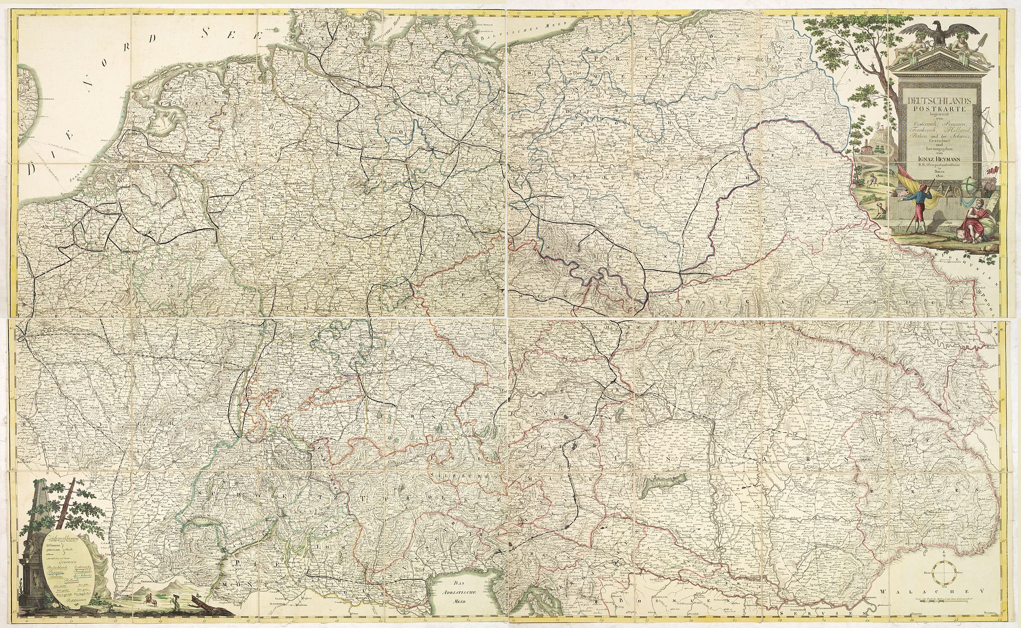 HEYMANN, I., Deutschlands Postkarte begraenzt von Oesterreich, Preussen, Frankreich, Holland, Italien und der Schweiz. . ., antique map, old maps
