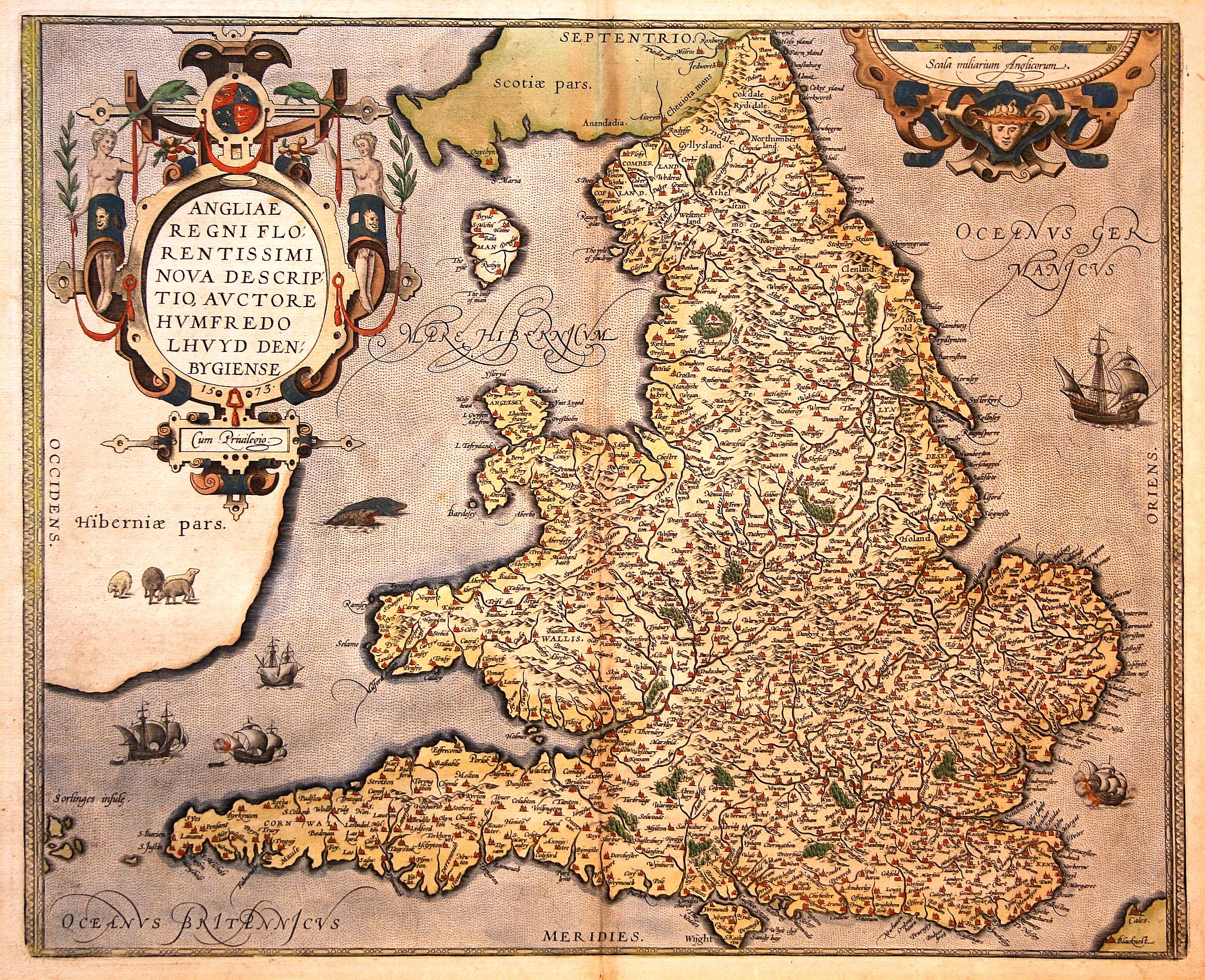 ORTELIUS, A., Angliae Regni flo: rentissimi nova descriptio, auctore Humfredo Lhuyd Cum Privilego., antique map, old maps