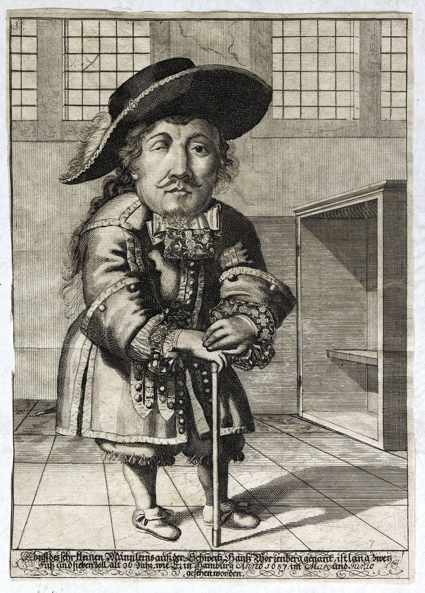 VON WIERING, Th., Abbild des sehr kleinen Männleins auß der Schweitz Hans Worrenberg genant, ist lang zwei Fuß und sieben zoll, alt 36 Jahr wie zu Hamburg Anno 1687 im Majo und Junio gesehen worden., antique map, old maps