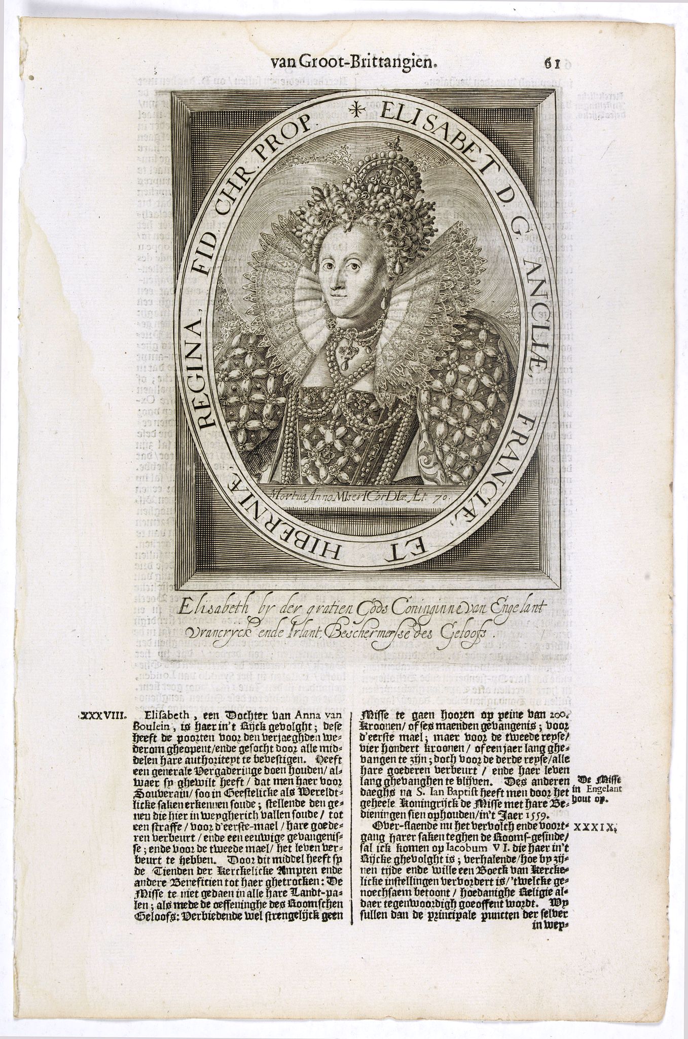 DE CLERCK, N., Elisabet D. G. Angliae, Franciae, Et Hiberniae, Regina, Fid. Chr. Prop., antique map, old maps