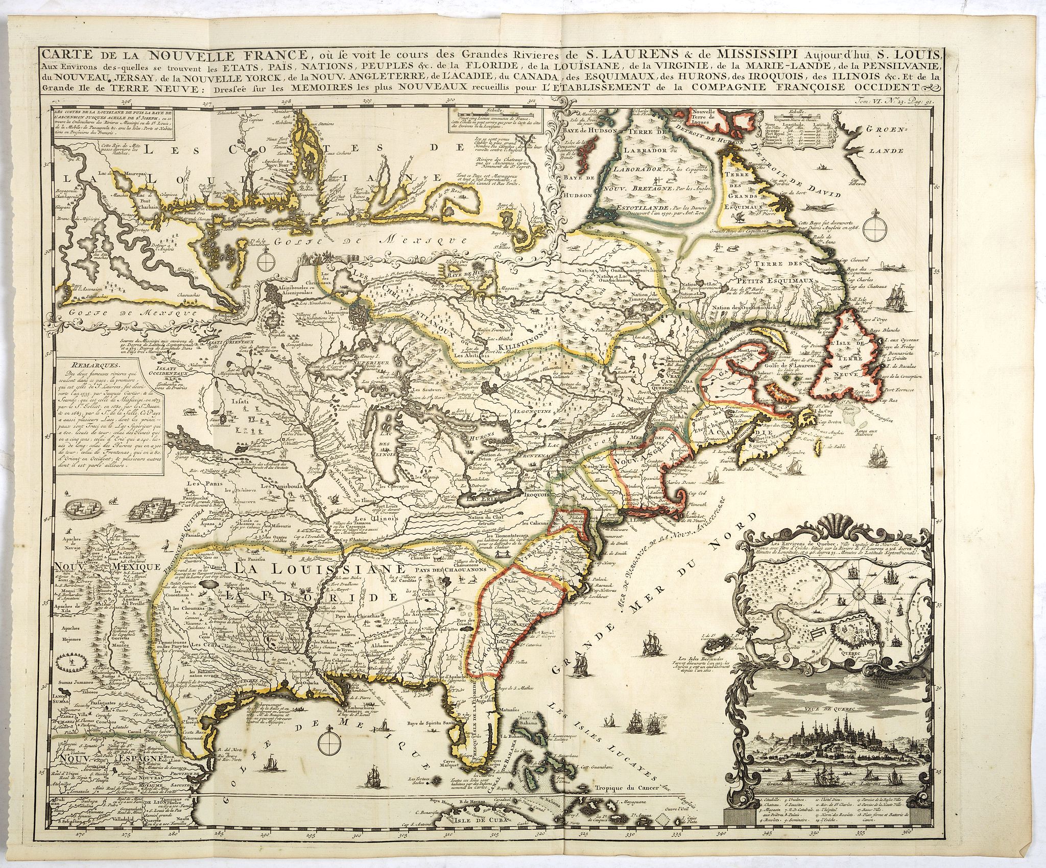 CHATELAIN, H., Carte de la Nouvelle France, ou se voit le cours des Grandes Rivieres de S. Laurens & de Mississipi.., antique map, old maps