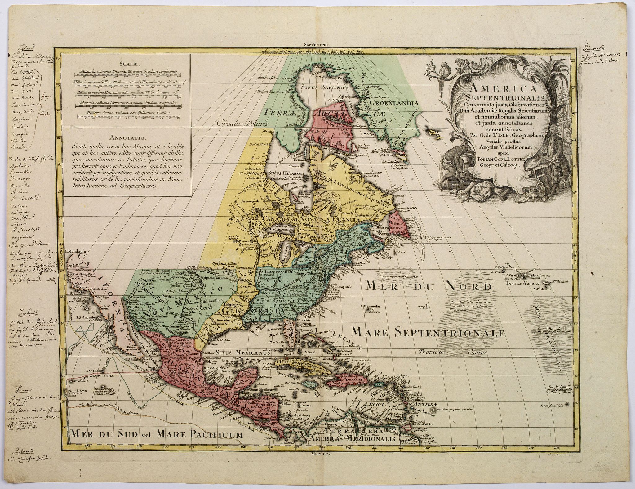 LOTTER, T.C., America Septentrionalis, Concinnata juxta Observationes.., antique map, old maps