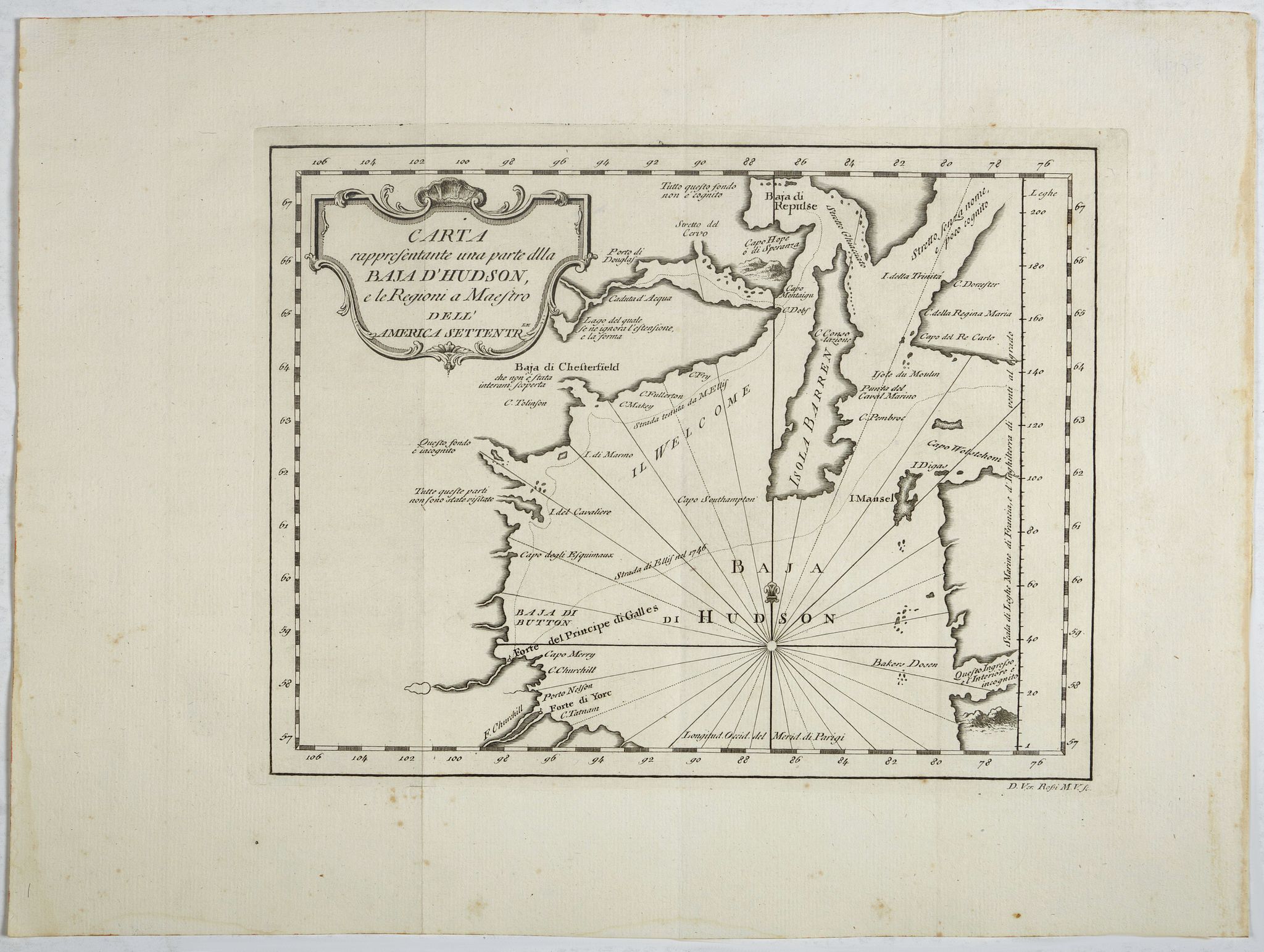MASI, Gio. T., Carta rappresentante una parte dlla Baja D'Hudson e le Regioni a Maestro Dell'America Settentrle., antique map, old maps