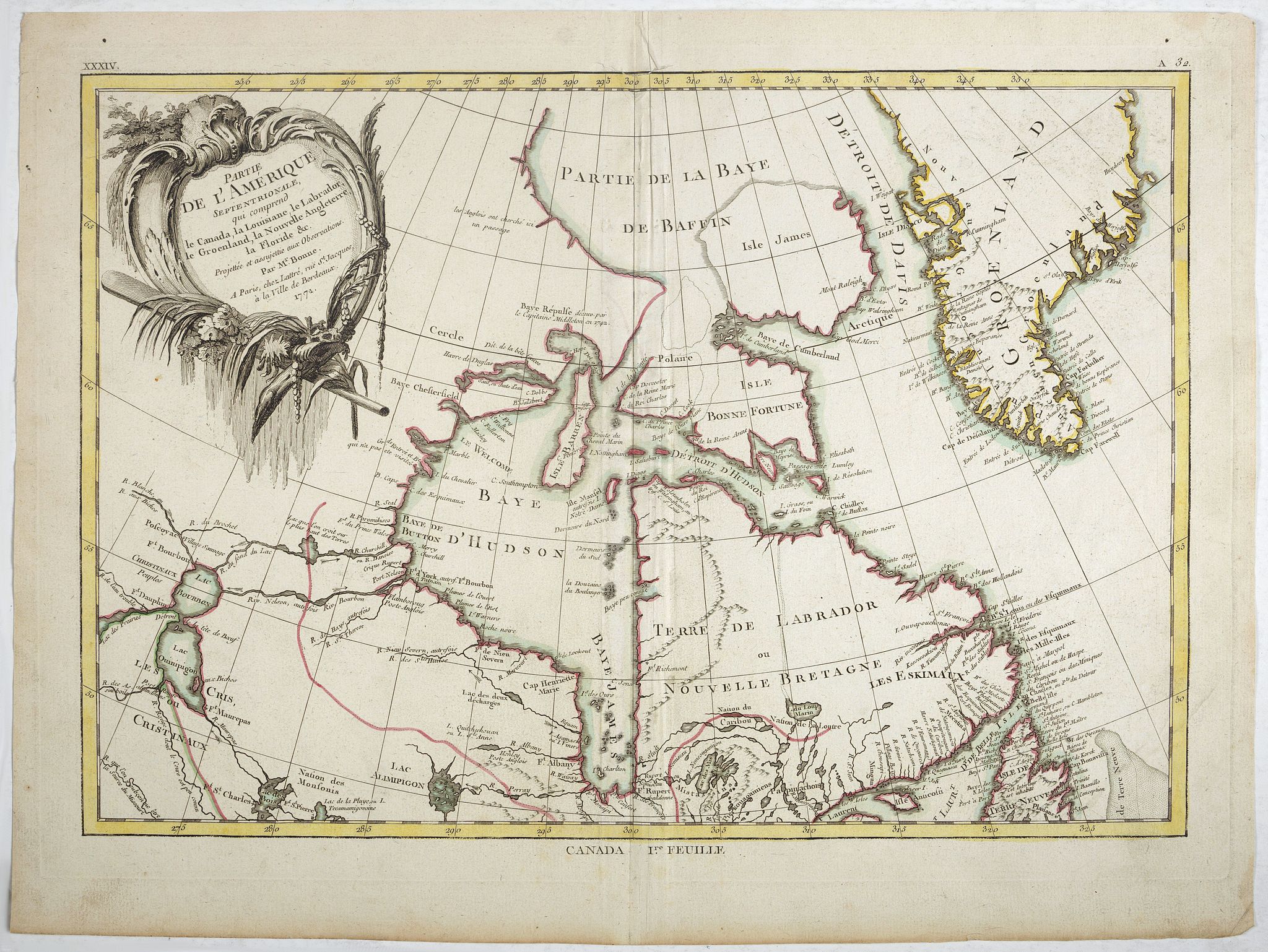 LATTRE./ BONNE, R., Partie de l'Amerique Septentrionale.. Canada, la Louisiane..., antique map, old maps