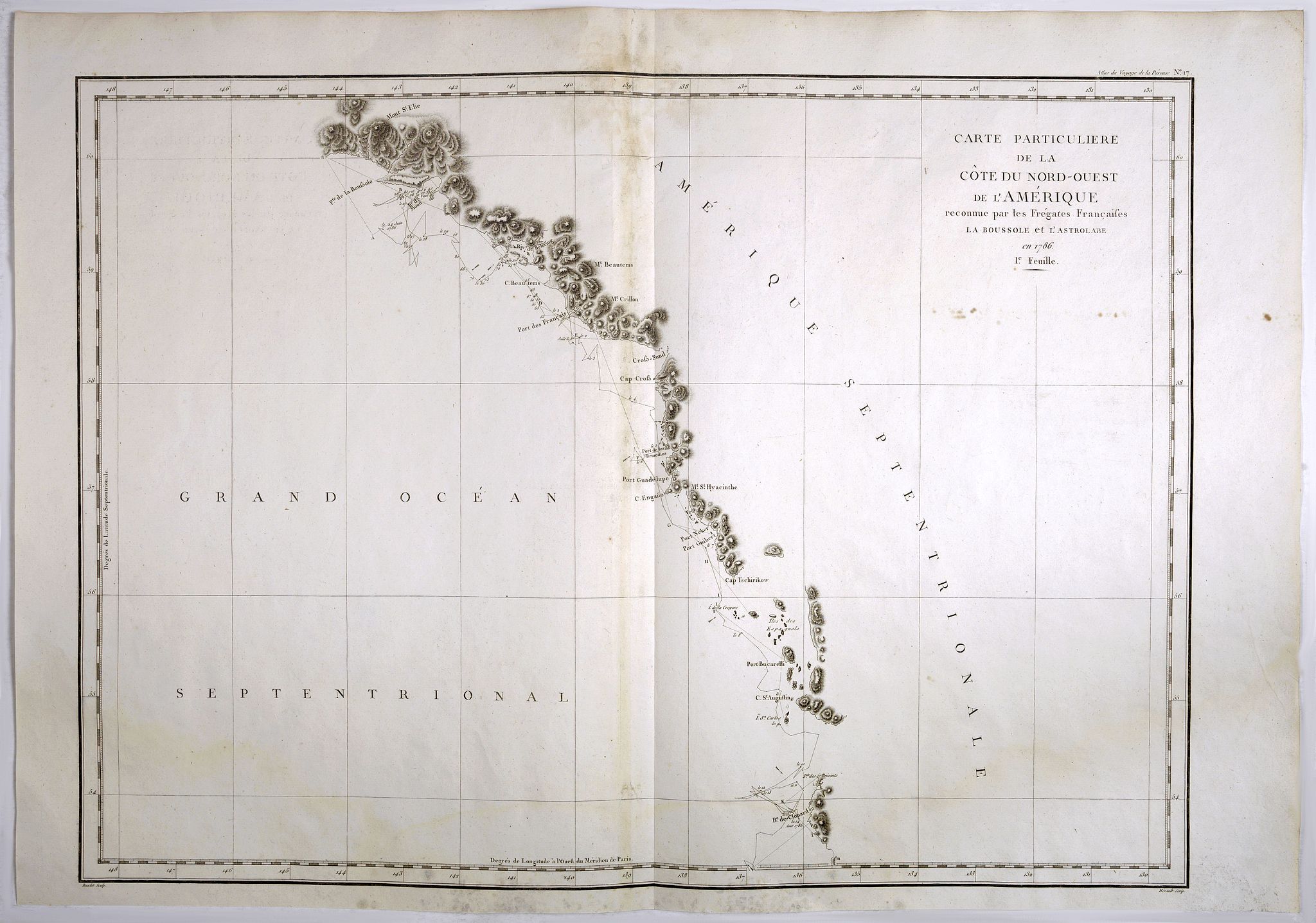 LA PEROUSE, Jean., Carte Particuliere de la Cote du Nord-Ouest de l'Amerique reconnue par les Fregates Francaises la Boussole et l' Astrolabe en 1786 1e. Feuille., antique map, old maps