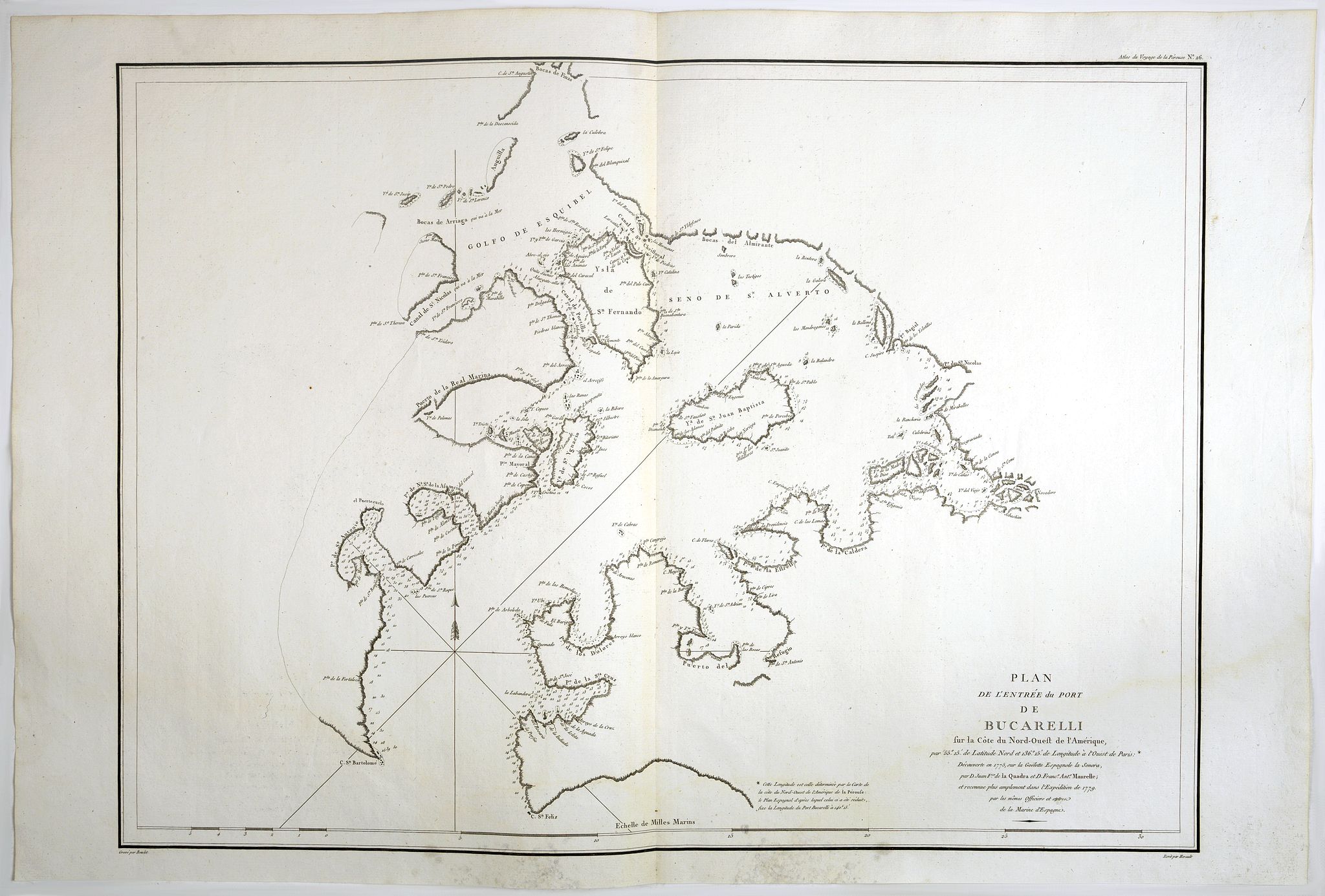 LA PEROUSE, Jean., Plan de l'Entree du Port de Bucarelli sur la Cote du Nord-Ouest de l'Amerique, par 55°15' de Latitude Nord et 136°15' de Longitude a l'Ouest de Paris . . ., antique map, old maps