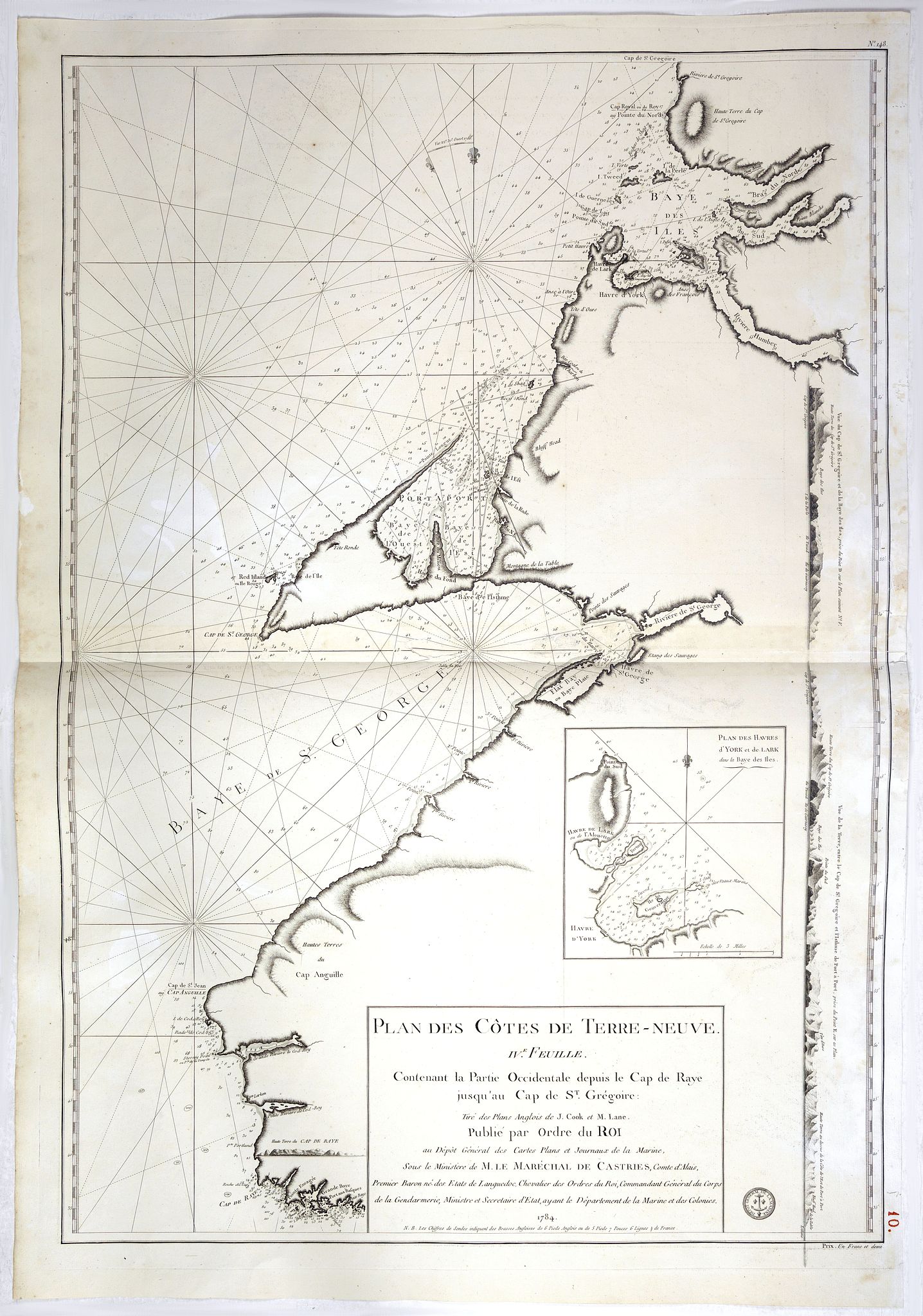 DÉPÔT GÉNÉRAL DE LA MARINE / COOK, J. / LANE, M., Plan des Côtes de Terre-Neuve, IV ème Feuille.., antique map, old maps