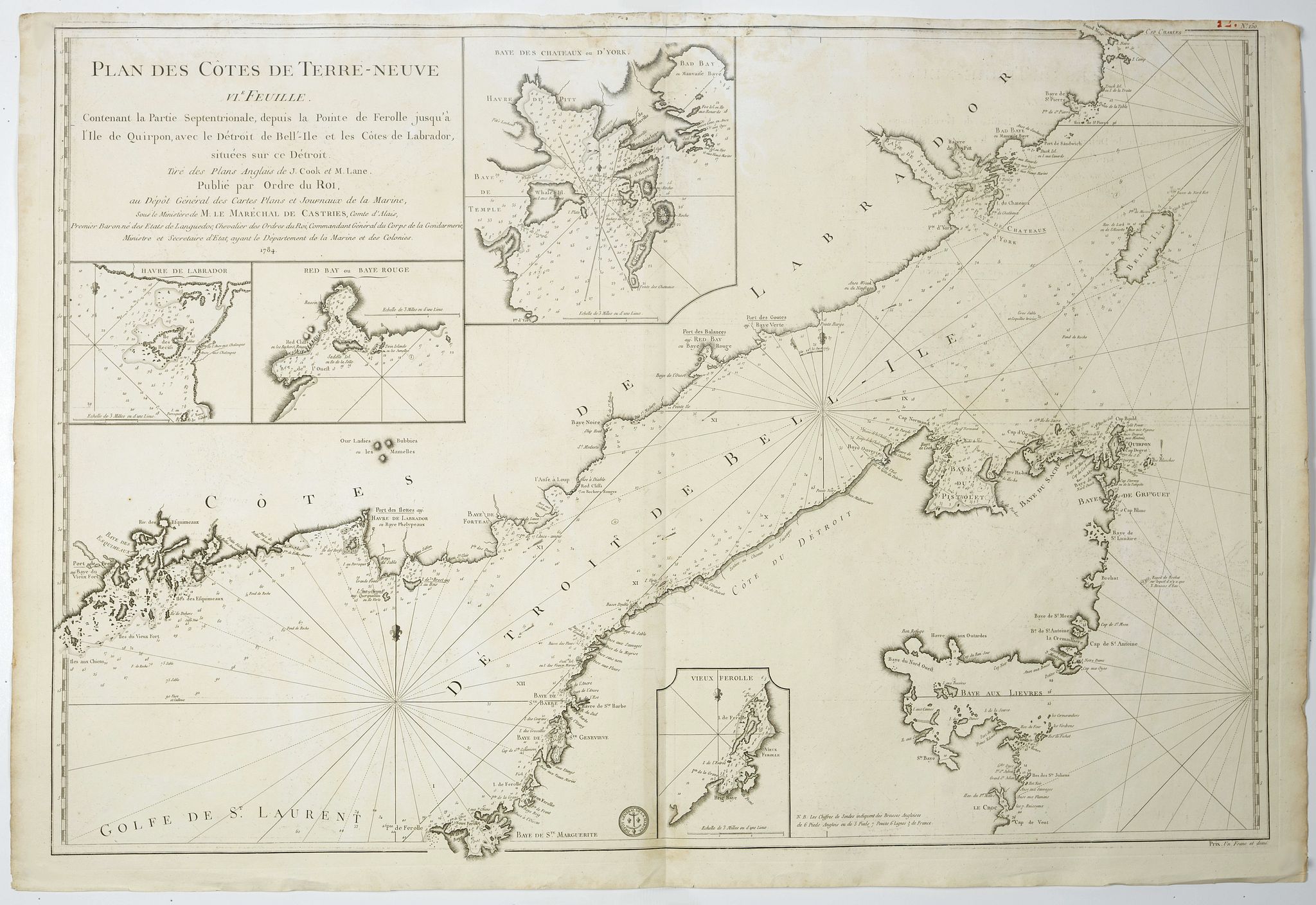 DÉPÔT GÉNÉRAL DE LA MARINE / COOK, J. / LANE, M., Plan des Côtes de Terre-Neuve, VI ème Feuille. . ., antique map, old maps