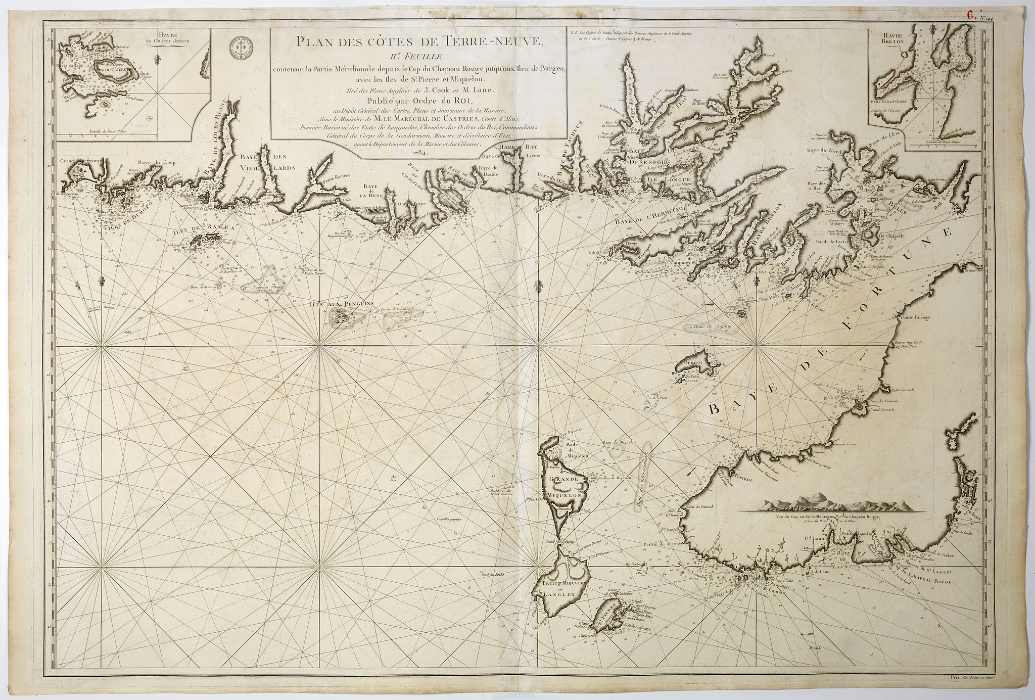 DÉPÔT GÉNÉRAL DE LA MARINE / COOK, J. / LANE, M., Plan des Côtes de Terre-Neuve, II ème Feuille. . ., antique map, old maps