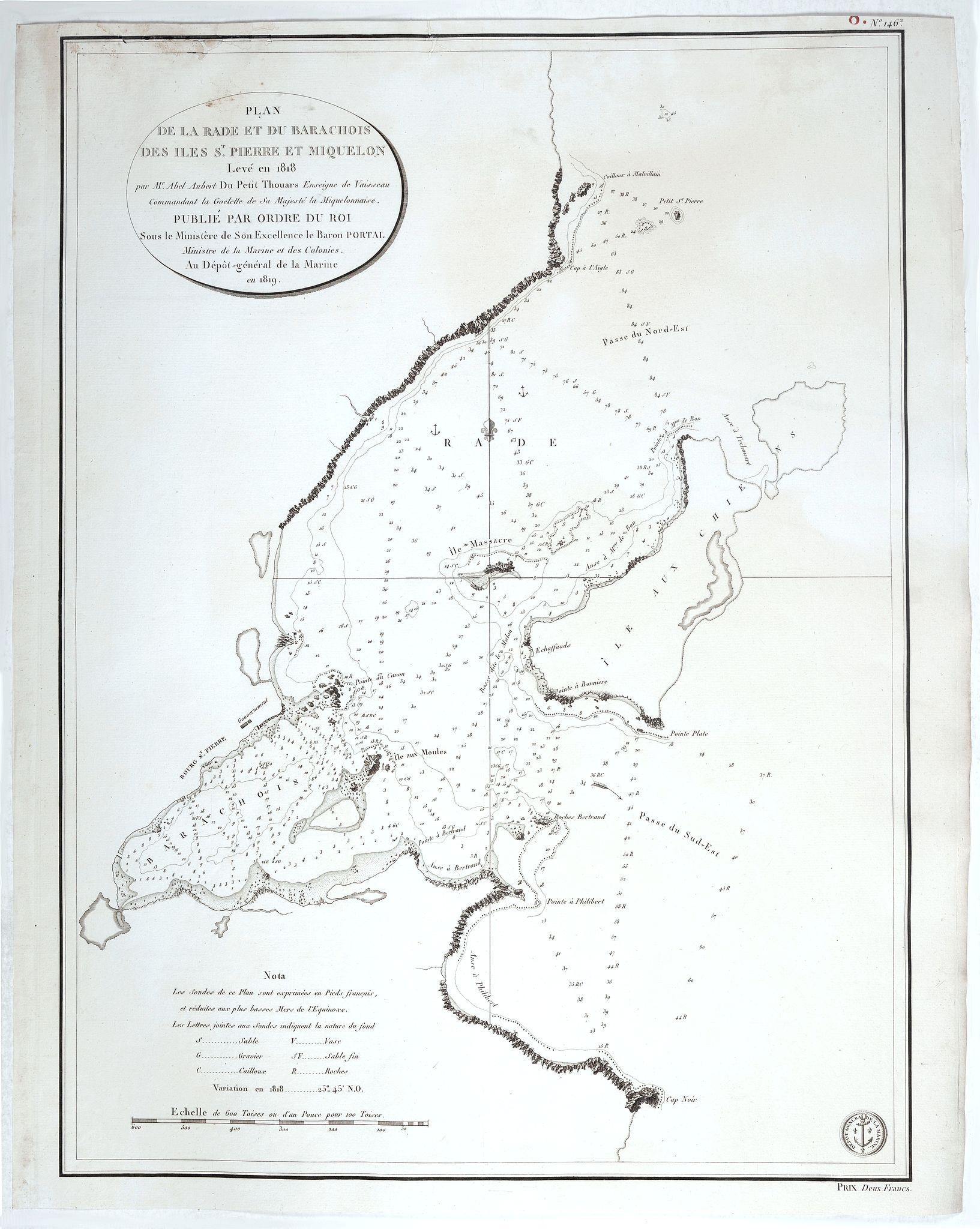 DÉPÔT GÉNÉRAL DE LA MARINE, Plan du de la rade et du Barachois des Isles St. Pierre et Miquelon Levé en 1818., antique map, old maps