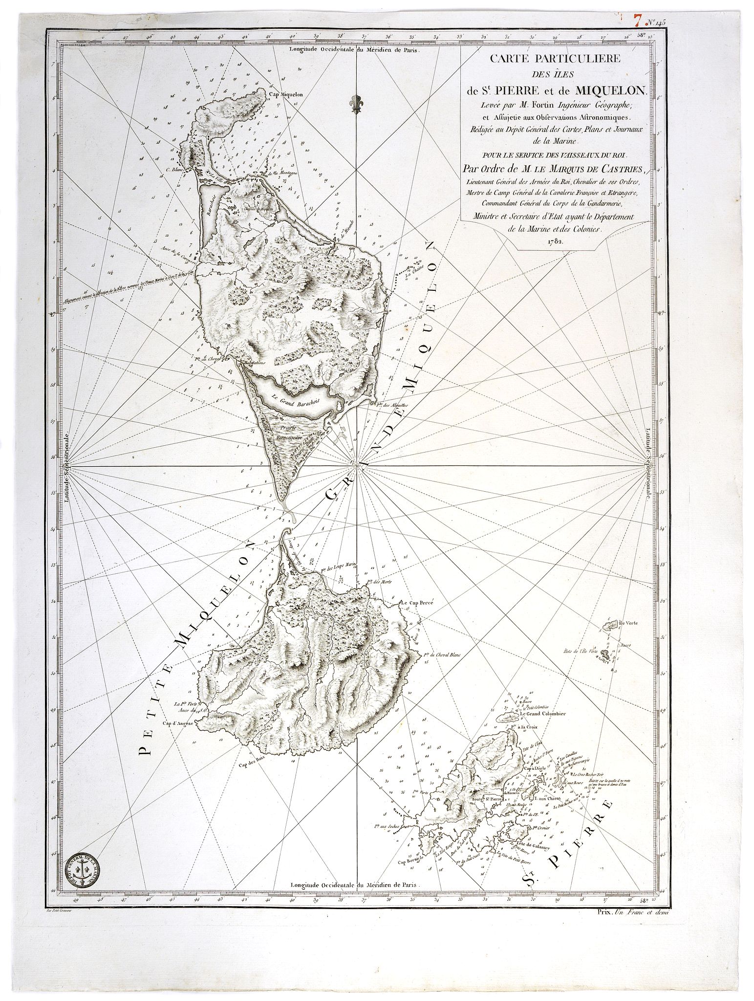 DÉPÔT GÉNÉRAL DE LA MARINE, Carte particuliere des isles de St. Pierre et Miquelon Levé par M.Fortin . . . 1782., antique map, old maps