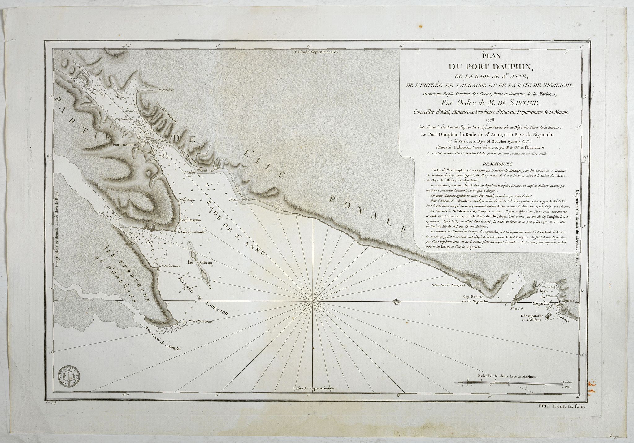DÉPOT DE LA MARINE, Plan du Port Dauphin, de la rade de St.Anne, de l'entrée de Labrador et de la Baie de Niganiche. . ., antique map, old maps