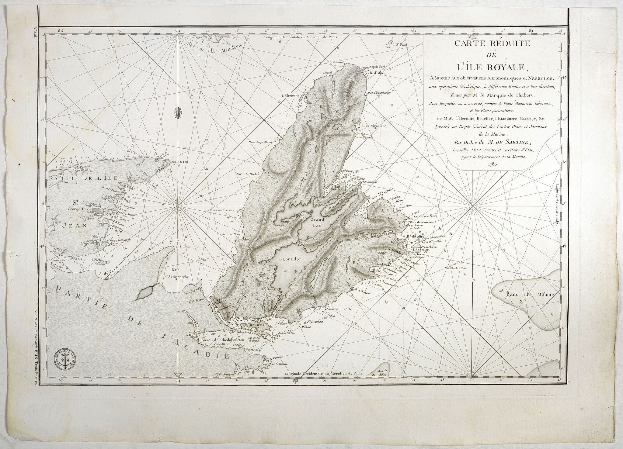 DÉPOT DE LA MARINE:, Carte réduite de L'Ile Royale, assujettie aux observations astronimiques et nautiiques. . . le Marquis de Chabert. . ., antique map, old maps