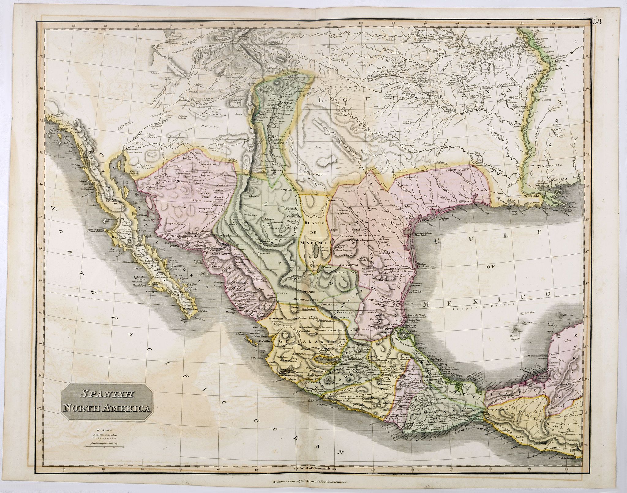 THOMSON, J., Spanish North America., antique map, old maps