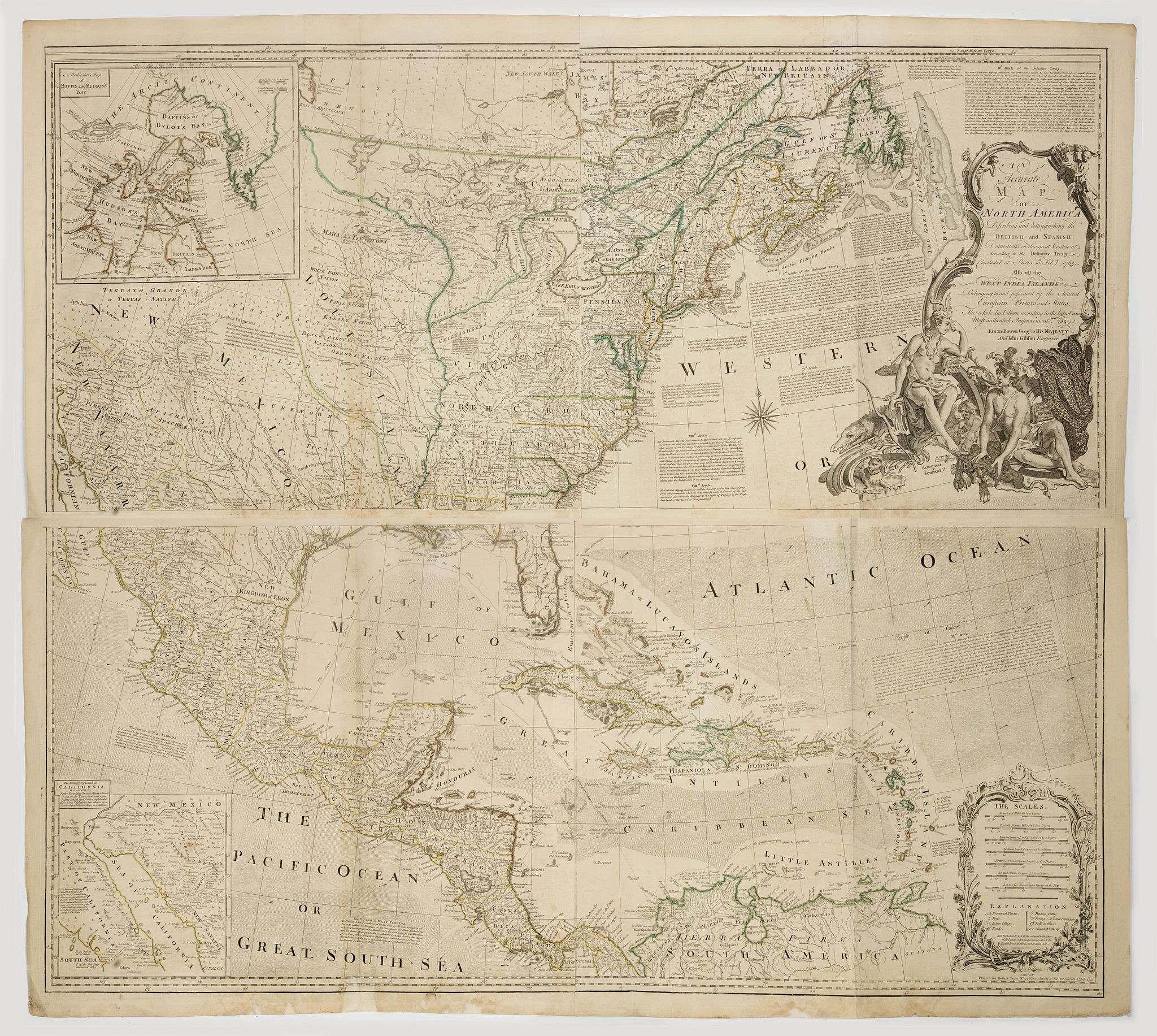 BOWEN, E., An Accurate Map of North America. Describing and Distinguishing the British and Spanish Dominions on this Great Continent. According to the Definitive Treaty Concluded at Paris 10th Feb. 1763., antique map, old maps