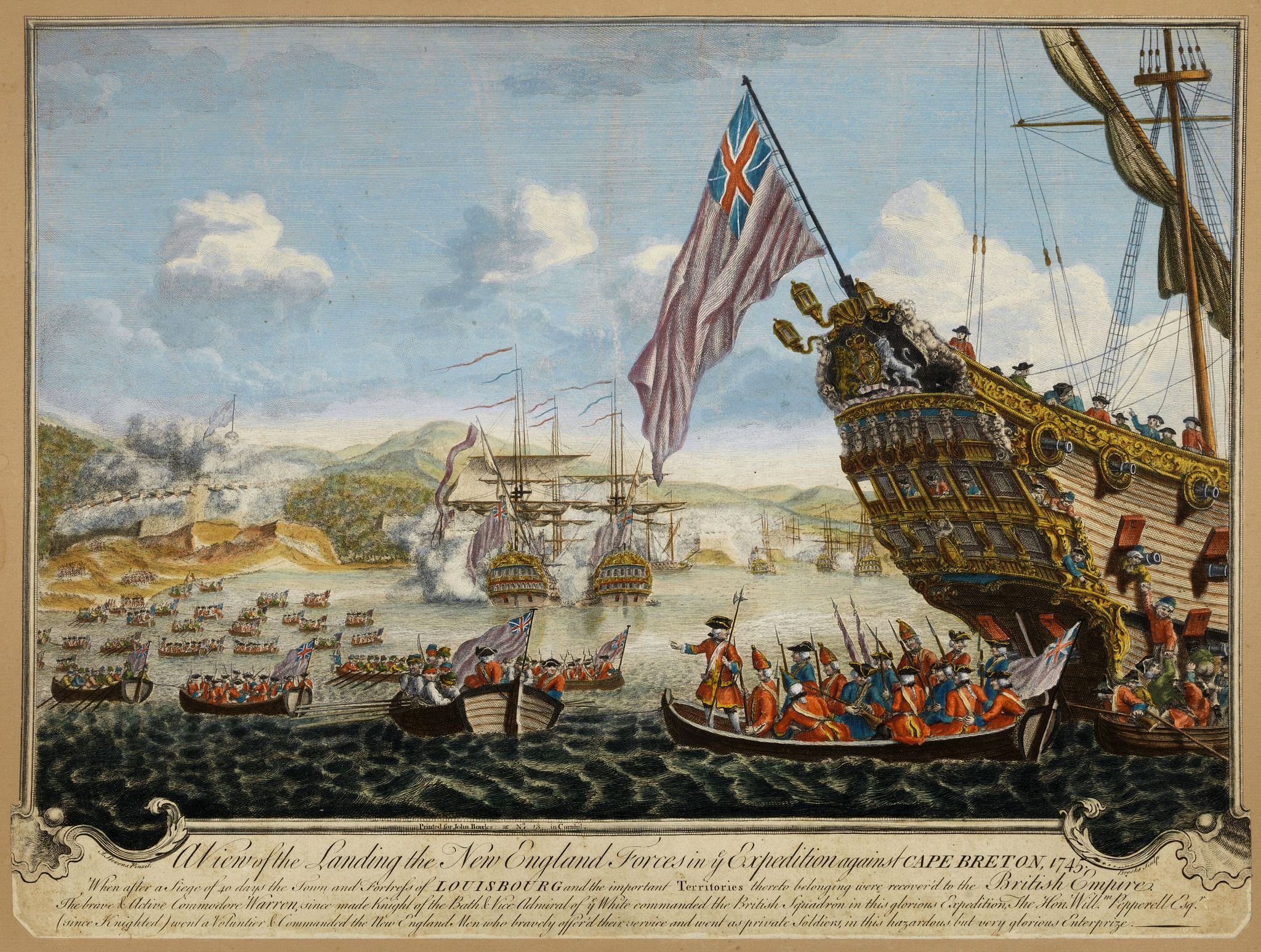 STEVENS, J., A View of the Landing the New England Forces in ye Expedition against Cape Breton, 1745., antique map, old maps