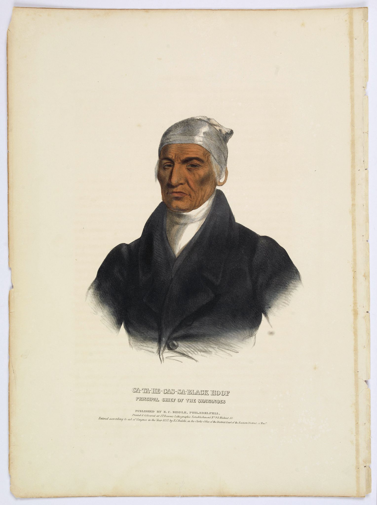 MCKENNEY, T & HALL, J., Ca-Ta-He-Cas-Sa-Black Hoof. Principal Chief of the Shawanoes., antique map, old maps